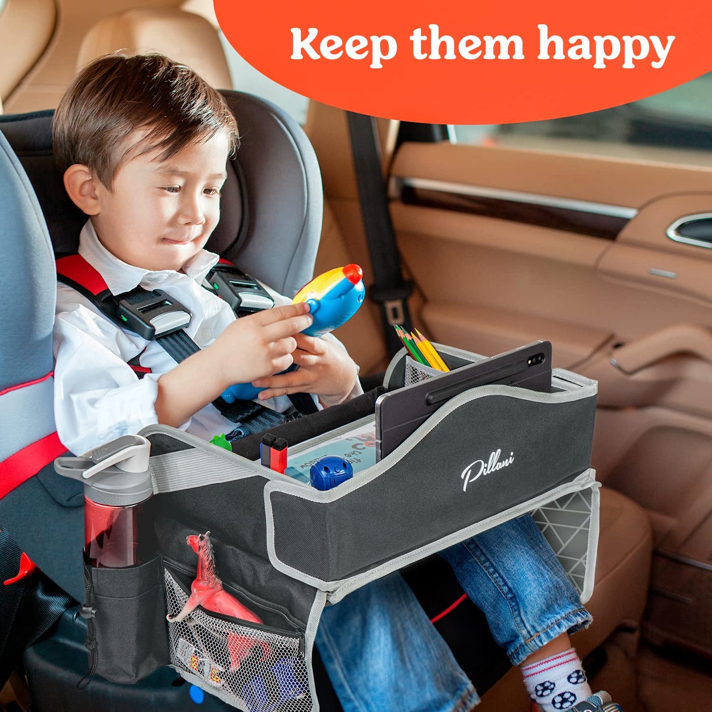 PILLANI Kids Travel Tray for Car - Car Seat Tray for Toddler - Road Trip Essentials Kids w/ iPad Holder Stand, Carseat Table Tray for Kids Road Trip Activities, Toddler Lap Desk Organizer for Airplane