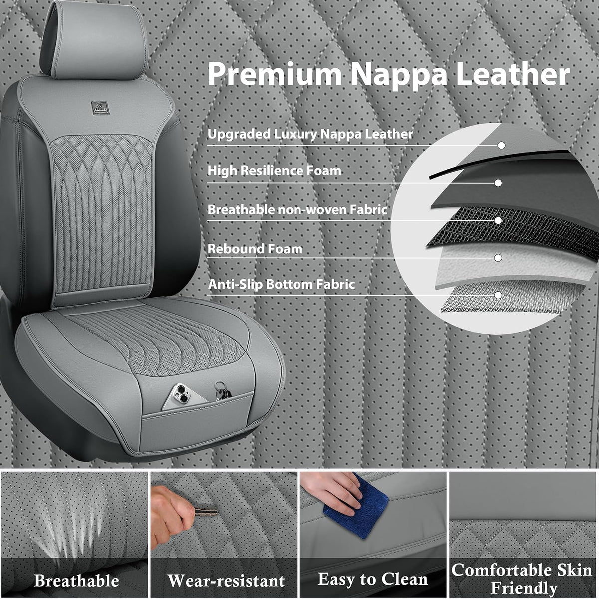 CAR PASS Car Seat Protector, 2 Pack Sideless Nappa Leather Seat Covers for Cars, All Season Waterproof Breathable Front Seats Cushion with Storage Pocket Universal Fit Vehicle Car SUV Truck, All Gray