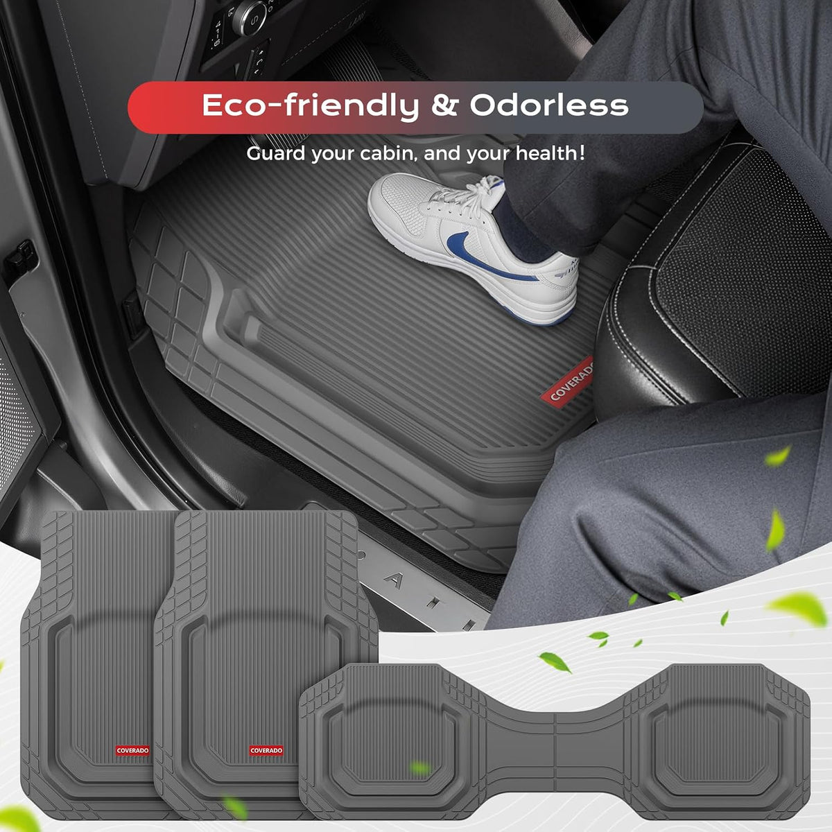 Coverado Heavy Duty Car Floor Mats, Deep Dish Car Mats Full Sets, Durable Waterproof Floor Mats, Trim to Fit Automotive Mats, Universal Car Accessories for Cars SUV Trucks Sedans Vans, Gray, 3pcs