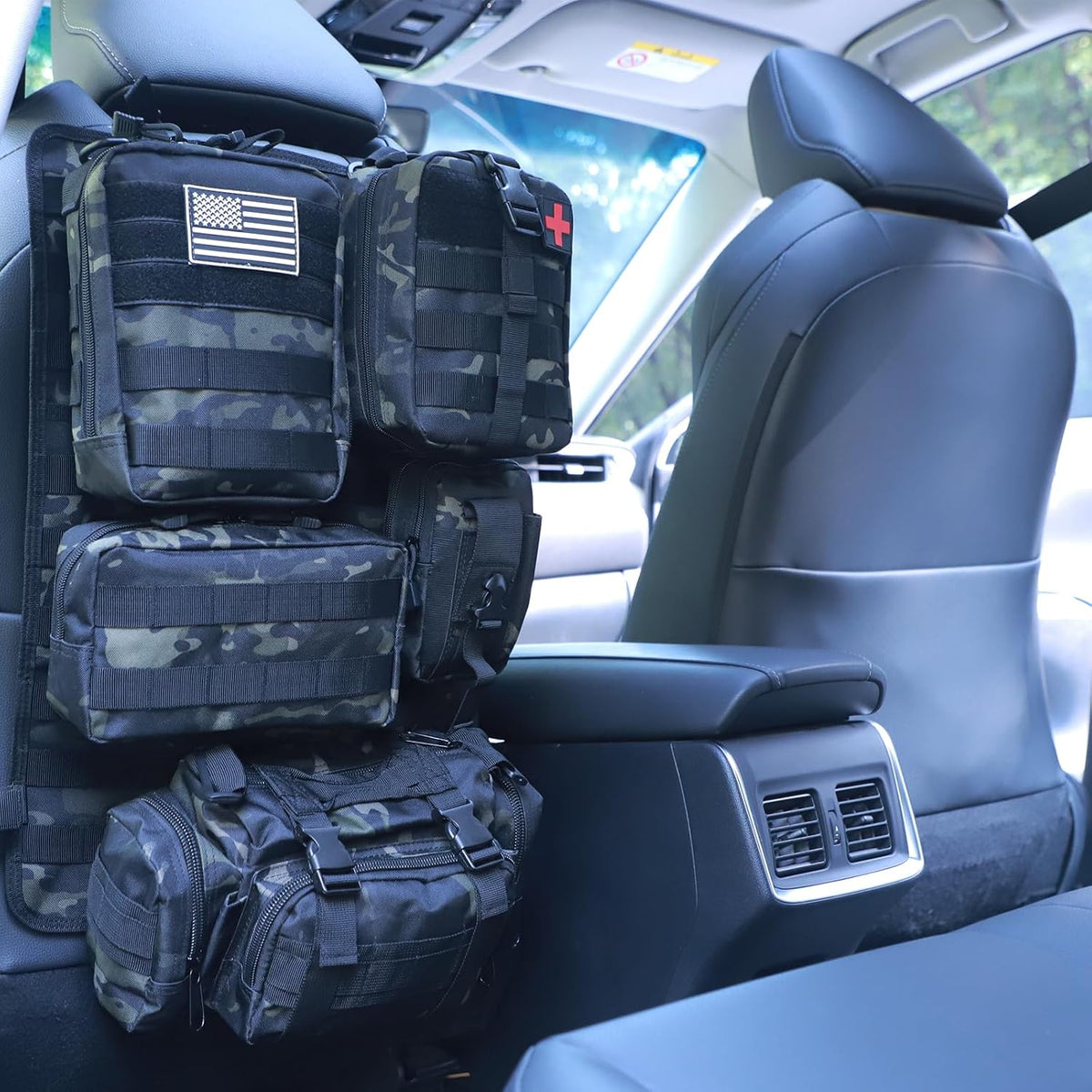 Universal Tactical Car Seat Back Organizer Bag Tactical Molle Vehicle Organizers Panel Vehicle Protector Organizers with 5 Detachable Pouches for Car Truck Ford Jeep (Black camo)