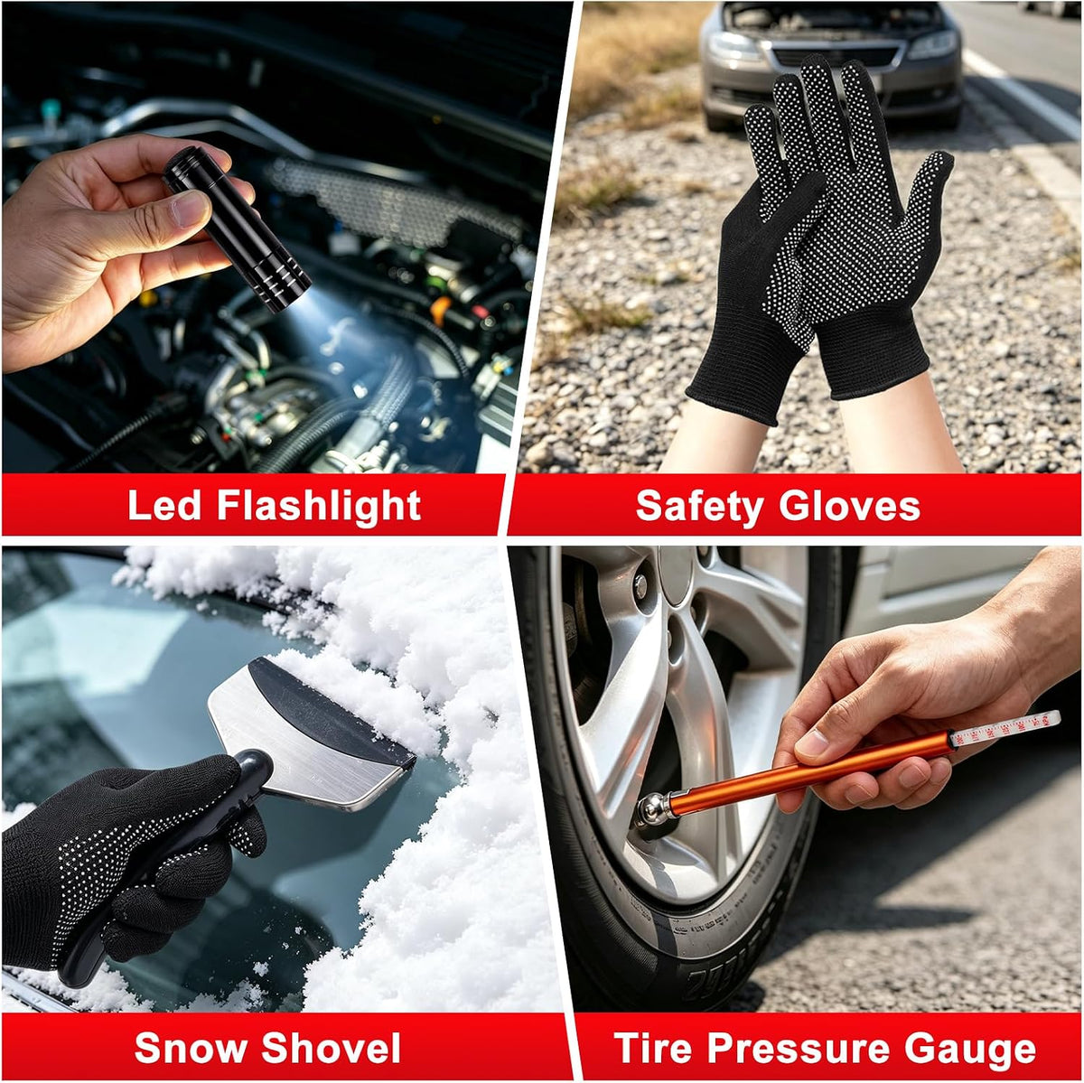Car Roadside Emergency Kit with Jumper Cables, Shovel, 10-in-1 Tool Set