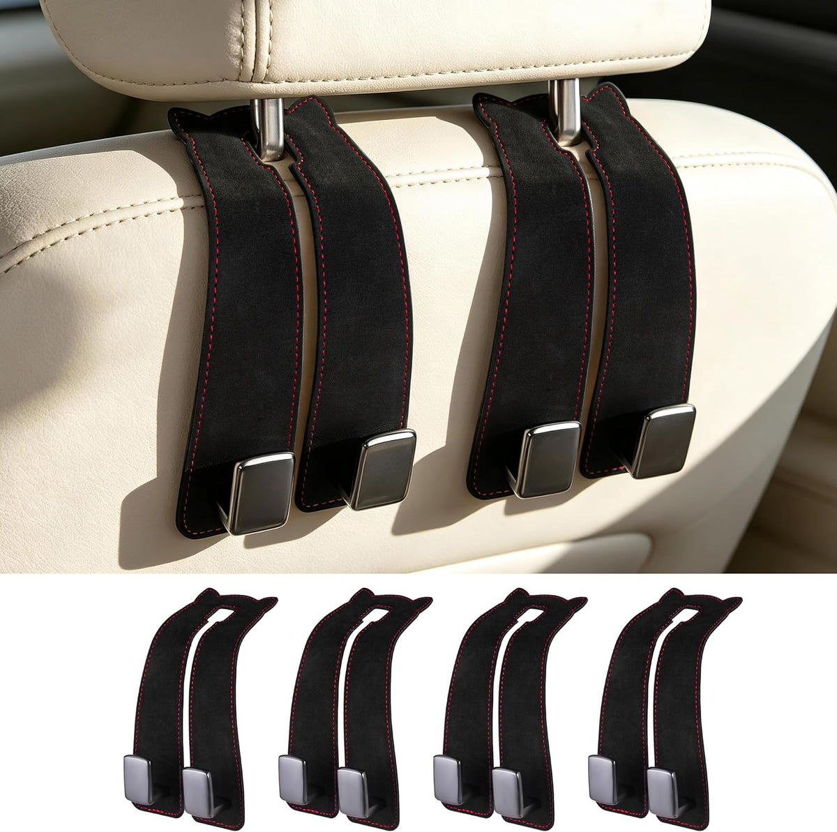 Amooca Car Headrest Hooks 4-Pack Suede Seat Organizer with Metal Core