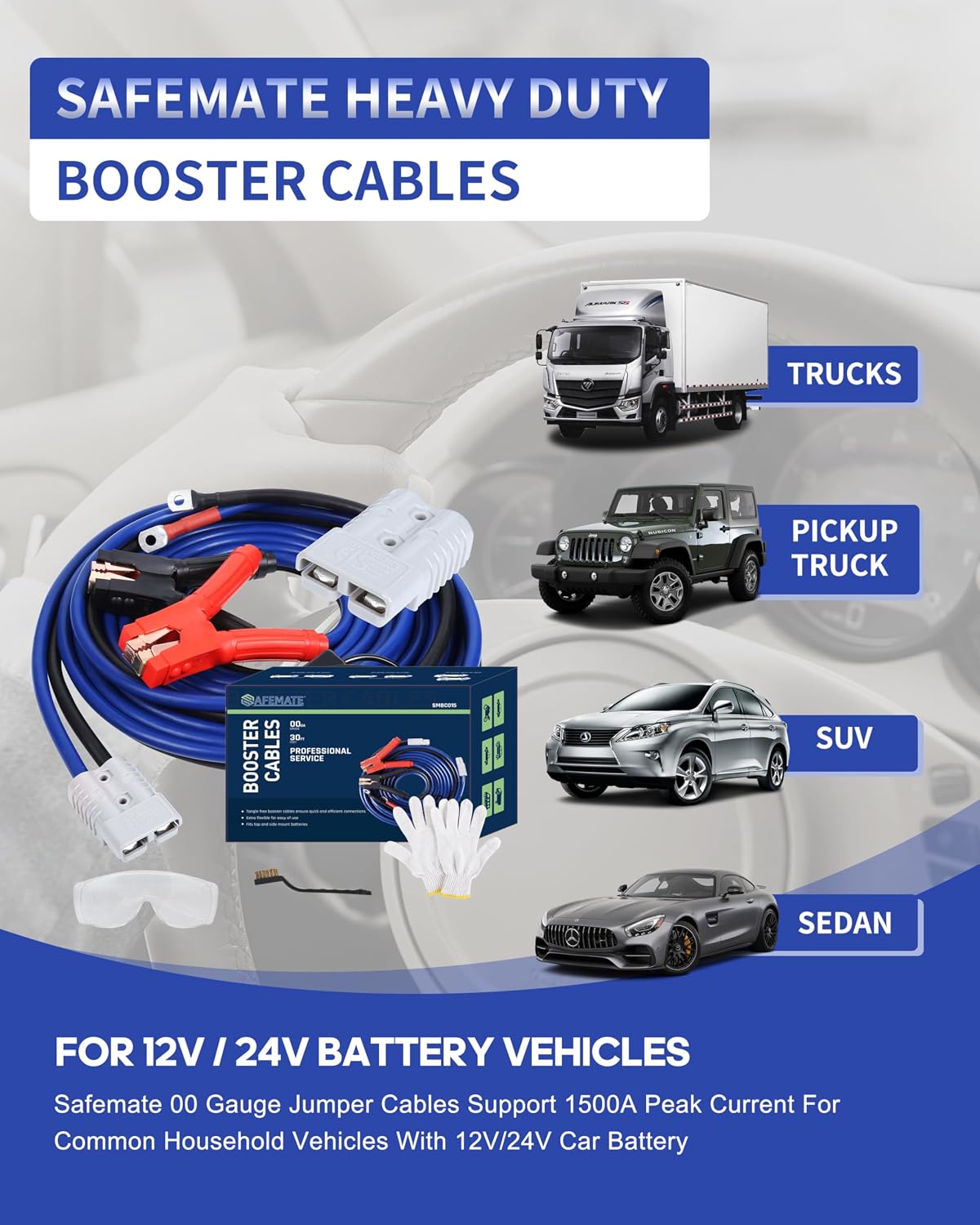 SAFEMATE 2/0 Gauge 30 FT Heavy Duty Jumper Cables - 1500Amp Booster Jumper Cable for Car, SUV and Trucks Battery - Quick Connect, Blue