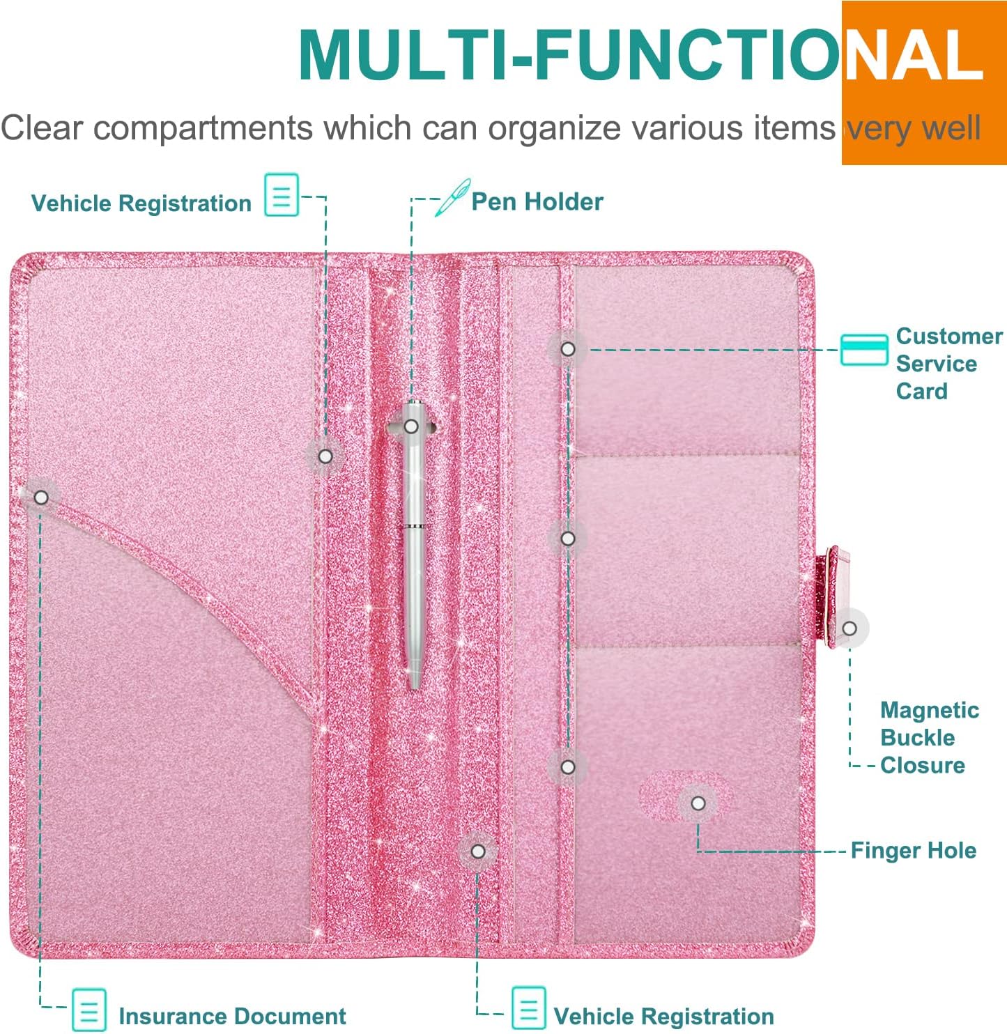 RSAquar Car Registration & Insurance Holder - Leather Glove Box Organizer, Cool Accessories for ID, Driver's License Cards & Docs, Men & Women, Pink Glitter