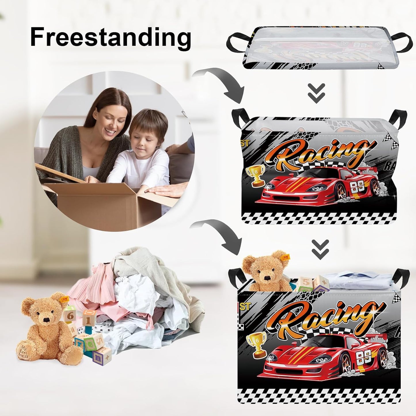 Clastyle Sport 3D Racing Car Boy Room Basket Racing Flag Monster Truck Toy Book Shelf Basket Large Rectangle Collapsible Dirty Clothes Storage Bin, Black, 40 * 30 * 30 cm