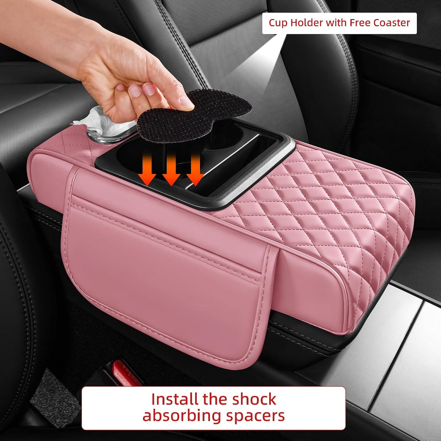5 in 1 Nappa Leather Console Armrest Cover, Pink | Built-in cup holder, tissue slot, phone holder & 2 storage pockets, practical car accessories fit SUV sedan truck