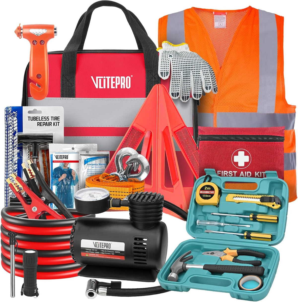 Roadside Emergency Car Kit for Vehicles, Car Emergency Kit with Jumper Cables, Air Compressor, First Aid Kit, Car Safety Tool Kits, Road Trip Assistance for Men, Women, New Driver Gifts