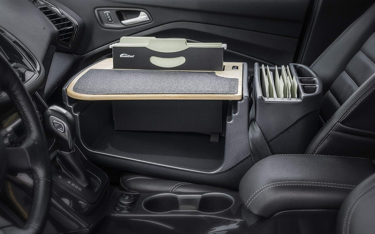 AutoExec AE-FMEF-PI-11M Efficency FileMaster Car Desk for Your Vehicle Workstation and Mobile Office, Natural Finish with 400 watt Power Inverter