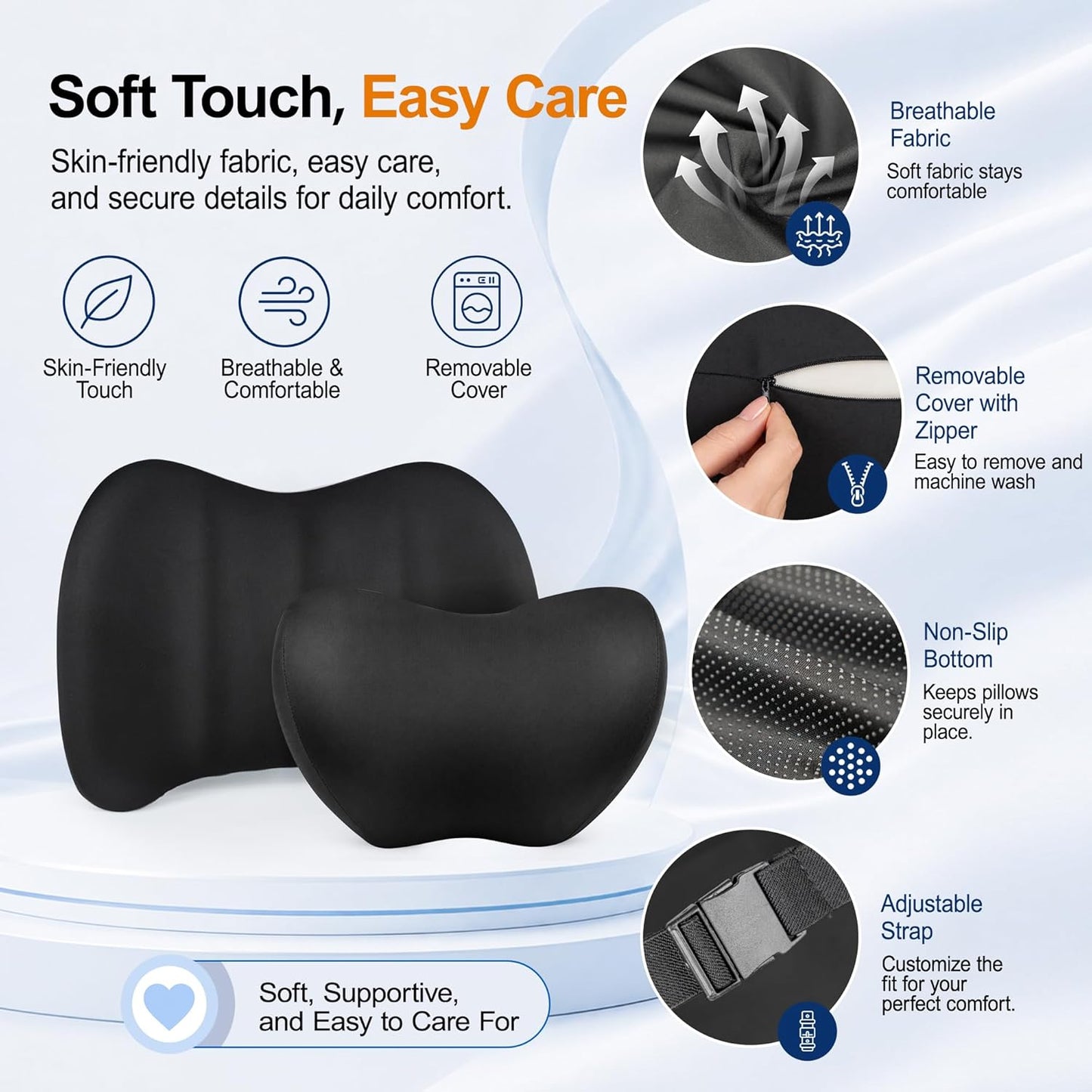 Allaboutsla Lumbar Back Support Pillow for Car, Neck Headrest Pillow Set | Memory Foam Car Neck Support for Driving with Car Back Support, Adjustable Straps, Head Rest Pillow for Cars, Trucks, Black
