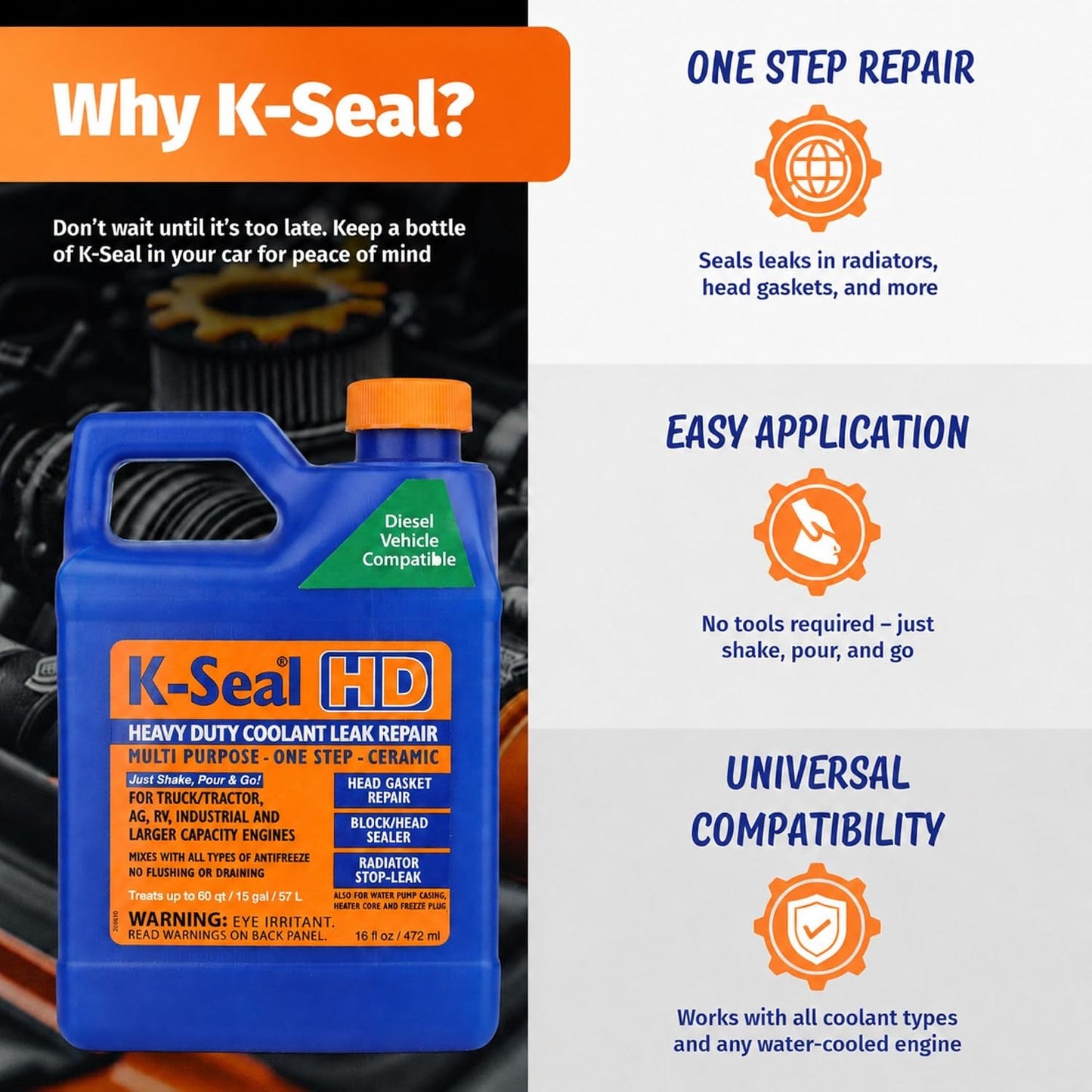 K-Seal ST5516 Heavy-Duty Multi-Purpose One Step Coolant Leak Repair, 16 oz, Pour and Go, Mixes with All Antifreeze, No Flushing Required