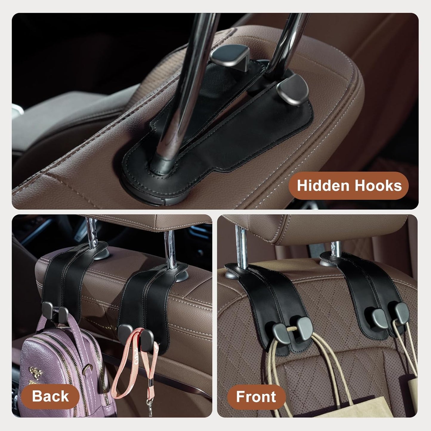 CoBak Purse Hook for Car - Universal Premium Stitched Leather and Aluminum-Magnesium Alloy Double Car Seat Back Storage Hook for Purses, Handbags, Bags (4 Pack),Black