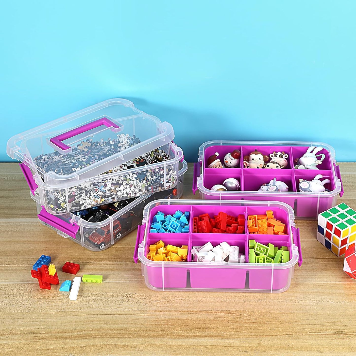 JUXYES 4-Tiers Stack Carry Storage Box Clear Storage Bin Container, Purple | 2 Divided Tray, Transparent Stackable, Handle Lid Latching, School & Office Supplies