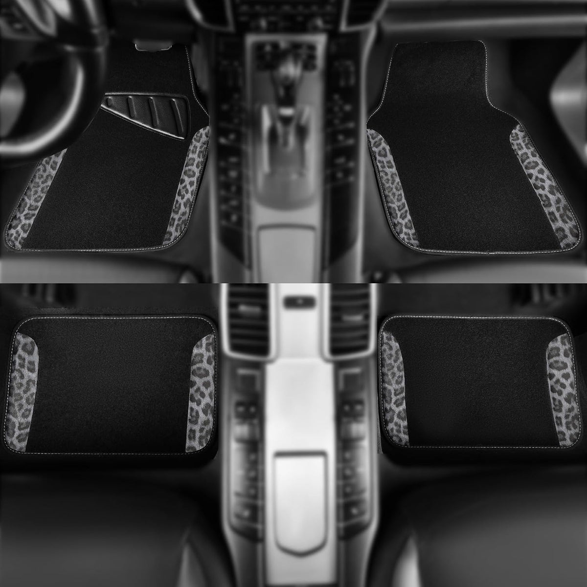 CAR PASS Waterproof Universal Car Floor Mats, Leopard Print Car Mats Fit for SUV,Vans,sedans, Trucks,Set of 4pcs Car Carpet with Driver Heel Pad and Nibs Backing, Leopard Car Accessories Gray Leopard