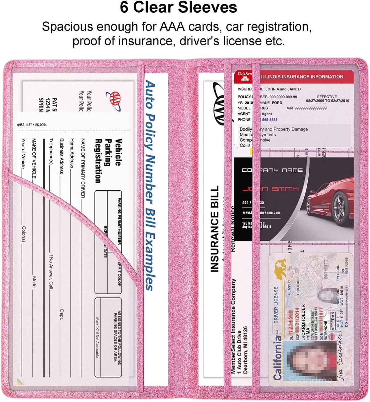 Leather Car Registration and Insurance Holder Magnetic Shut, Glitter Pink