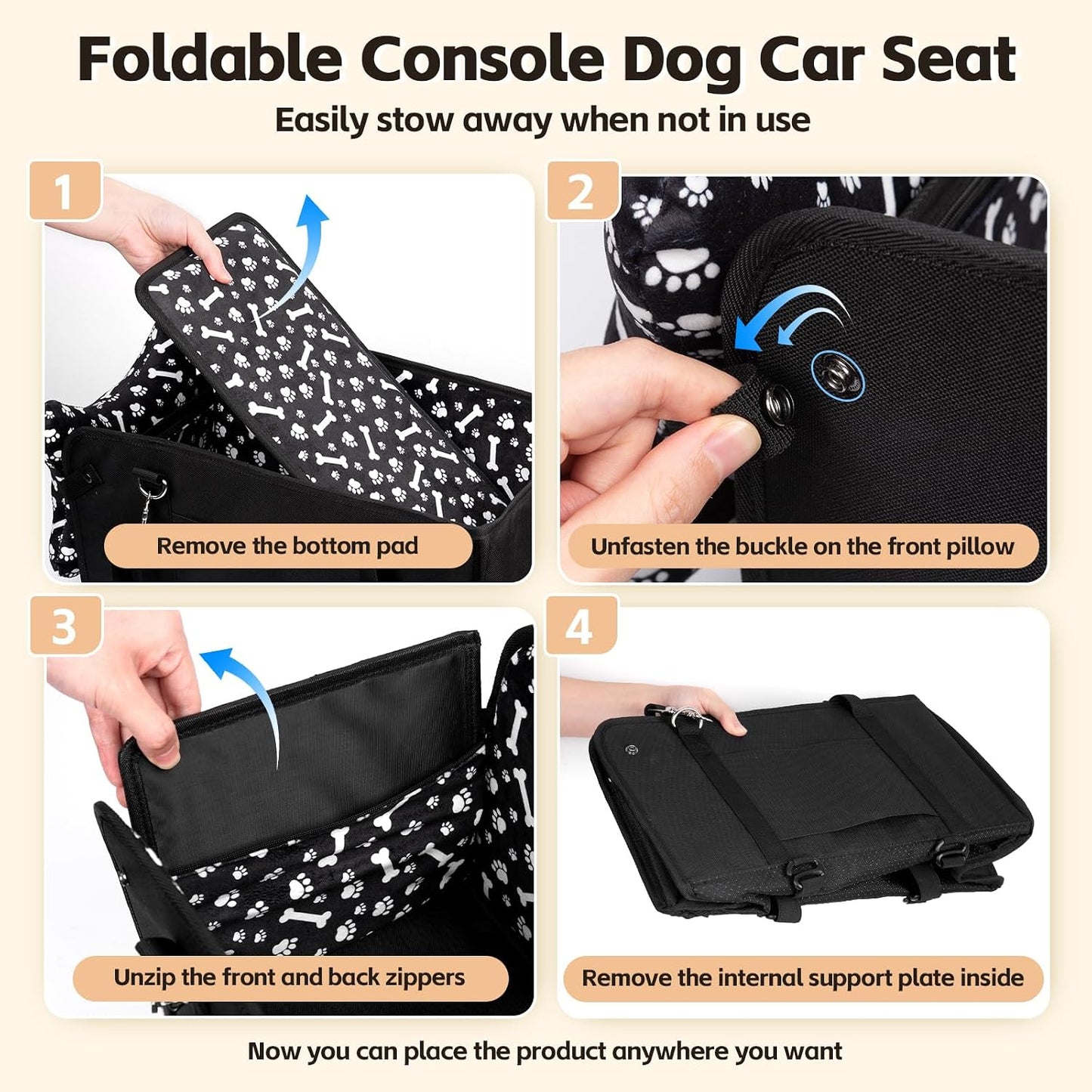 Center Console Dog Car Seat, Portable Pet Cat Puppy Booster Armrest Carseat, Anti-Collapse Pet Car Seat with Safety Leash, Adjustable Straps, Storage Pockets, Support Pet Up to 15lbs (Black)