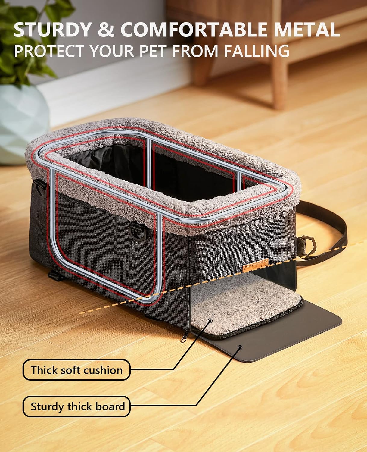 BurgeonNest Center Console Dog Car Seat for Small Dogs up to 9lbs - Sturdy Metal Frame Anti-Collapse Pet Booster Seat for Car Armrest, Dual Safety Belts & Washable Cushion, Grey