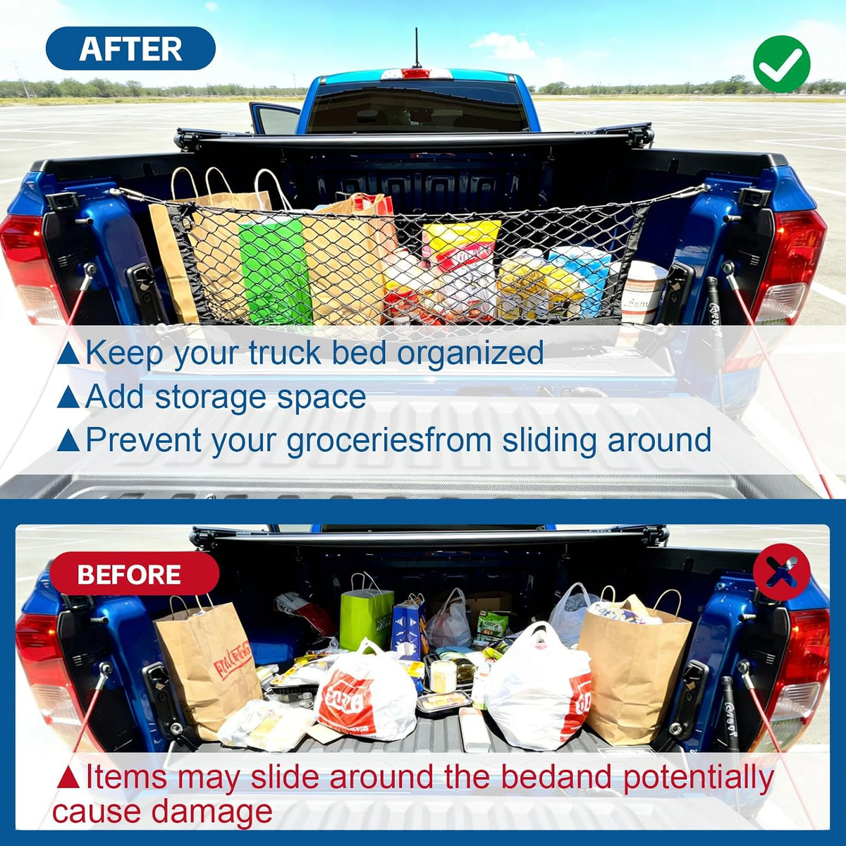 3 Pockets Truck Bed Cargo Net for Most Pickup Toyota Ford Dodge GMC Sierra Chevy Silverado Heavy-Duty Elastic Truck Organizer & Storage Grocery Holder Pickup Tailgate Netting -51.18"x 11.8"