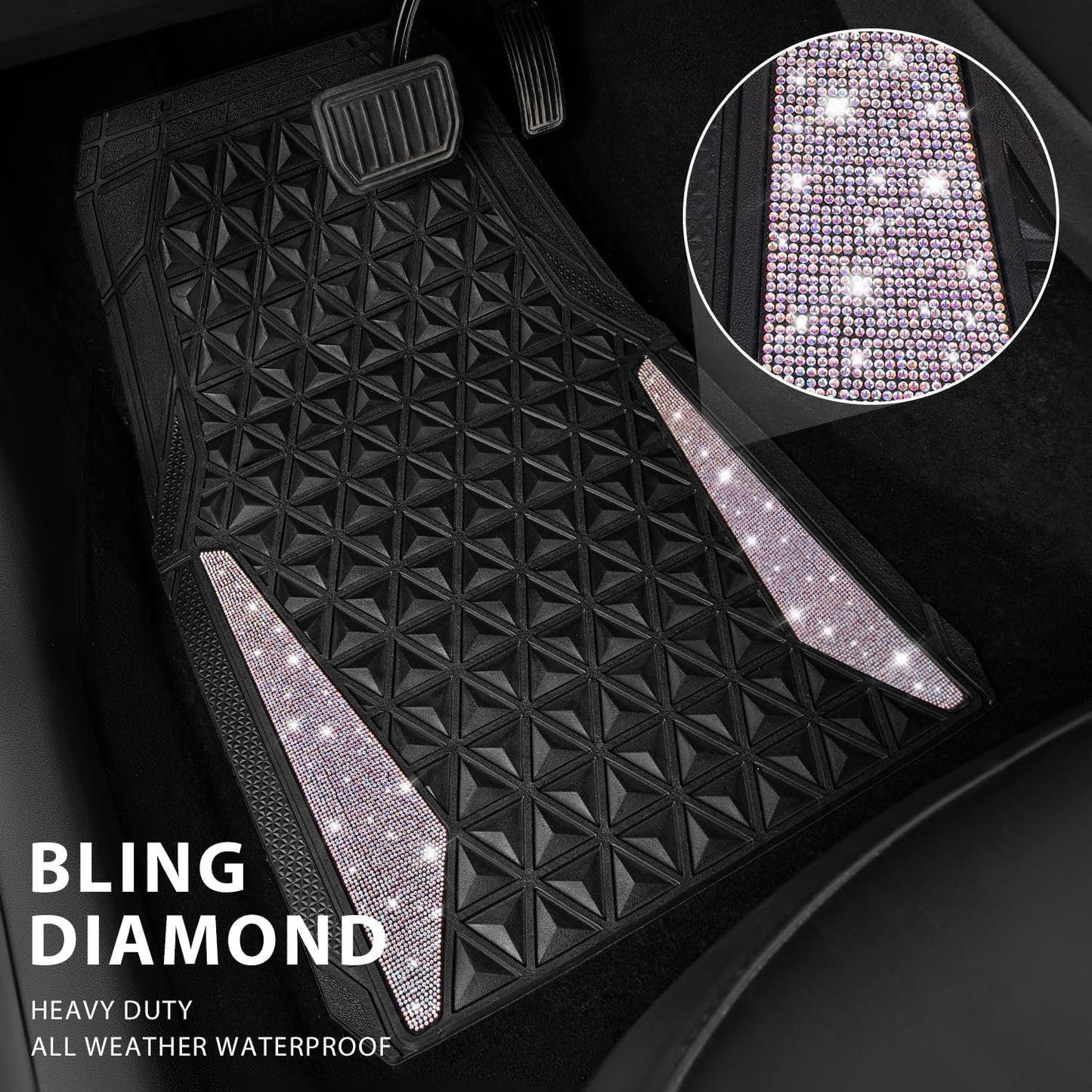CAR PASS Bling Diamond Car Mats Rubber Floor Mats Full Set Anti-Slip 3D Rhombus Waterproof Trim Fit Liner Universal Glitter Crystal Sparkly Shining Rhinestone Girl Women SUV Sedan, Multicolor Diamond