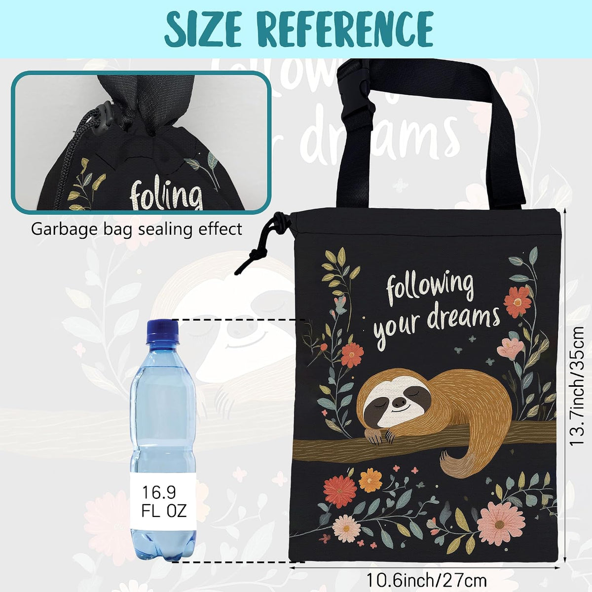 Car Garbage Bag Cute Brown Sloth and Floral Hanging Canvas Car Trash Bag Drawstring Car Back Seat Organizer for Car Back Front Seat Console with Adjustable Buckle