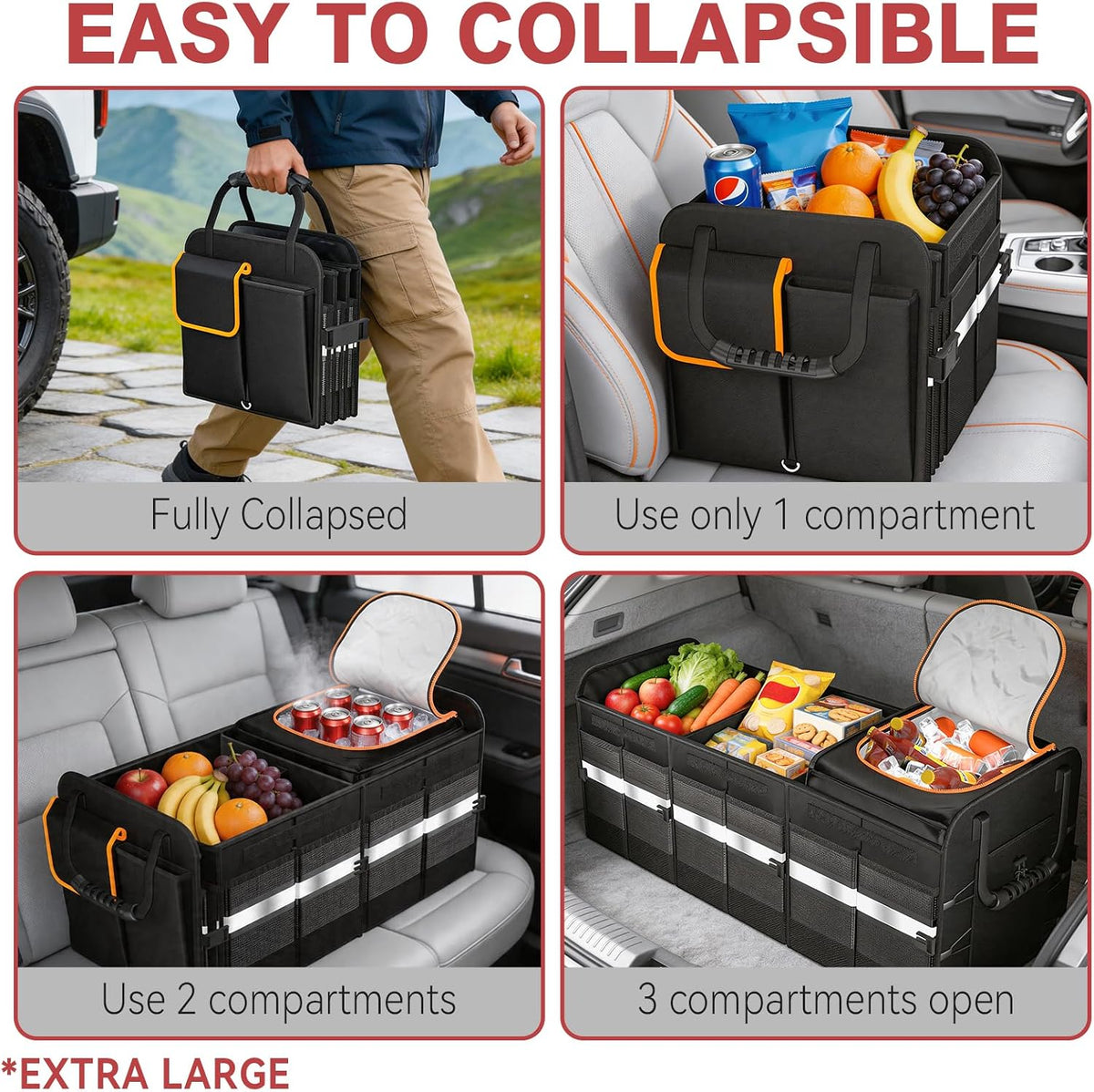 XL Heavy-Duty Trunk Organizer for Car, 6 Adjustable Compartments & Cooler | Car Trunk Organizer With Lid & Removable Leakproof Cooler Bag, Reinforced Panels, Non-Slip Base, Tie-Down Straps For Sedan