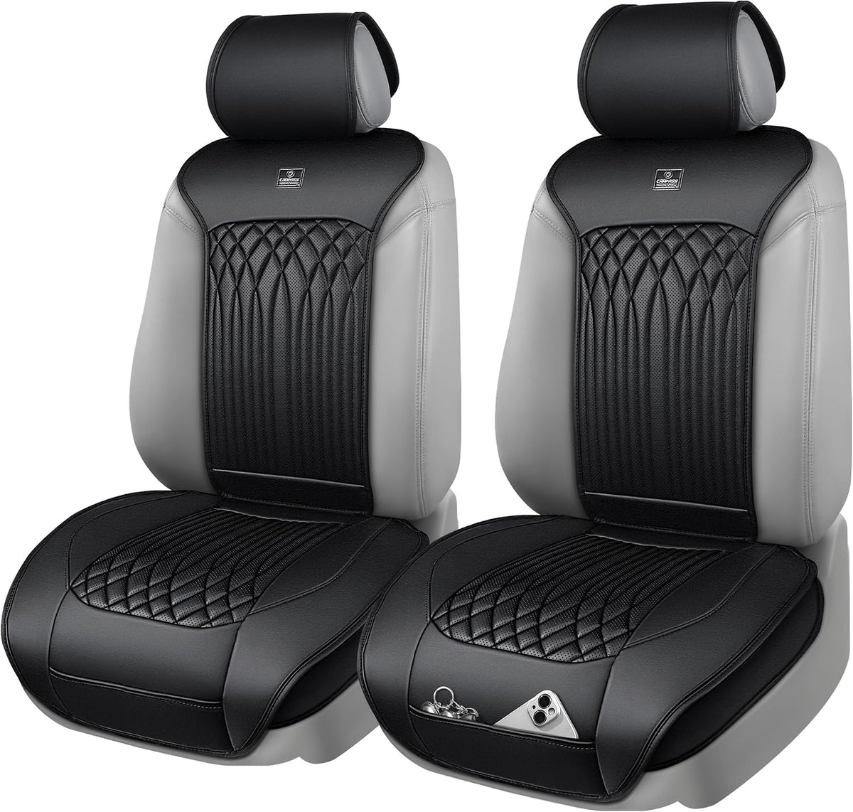 CAR PASS Car Seat Protector, Sideless Seat Covers for Cars, All Season Waterproof Nappa Leather Breathable Front Seats Cushion with Storage Pocket Universal Fit Vehicle Car SUV Truck, 2 Pack All Black