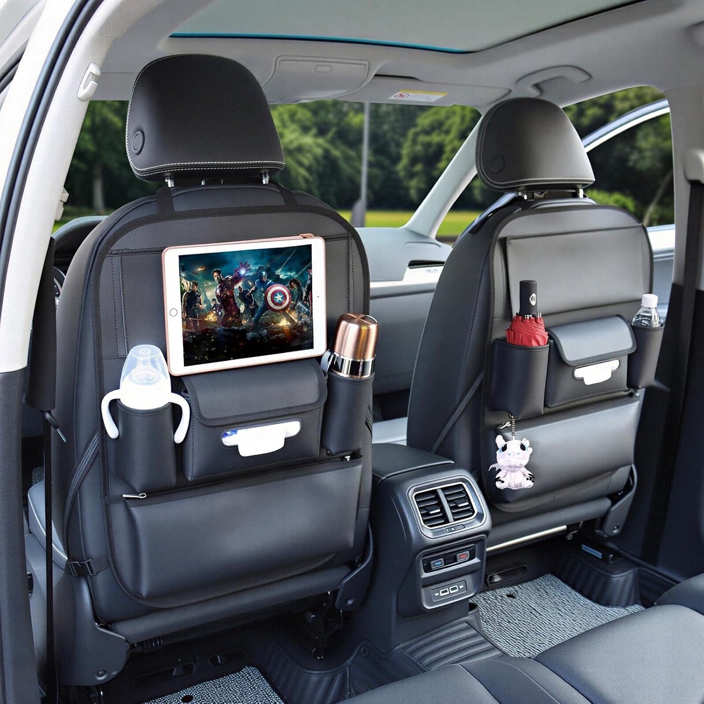 Viaviat Car Seat Organizers Waterproof Backseat Protector with Storage Pocket Large Leather Kick Mats for Kids Pets Automobile SUV Truck (Black, Large Pocket)
