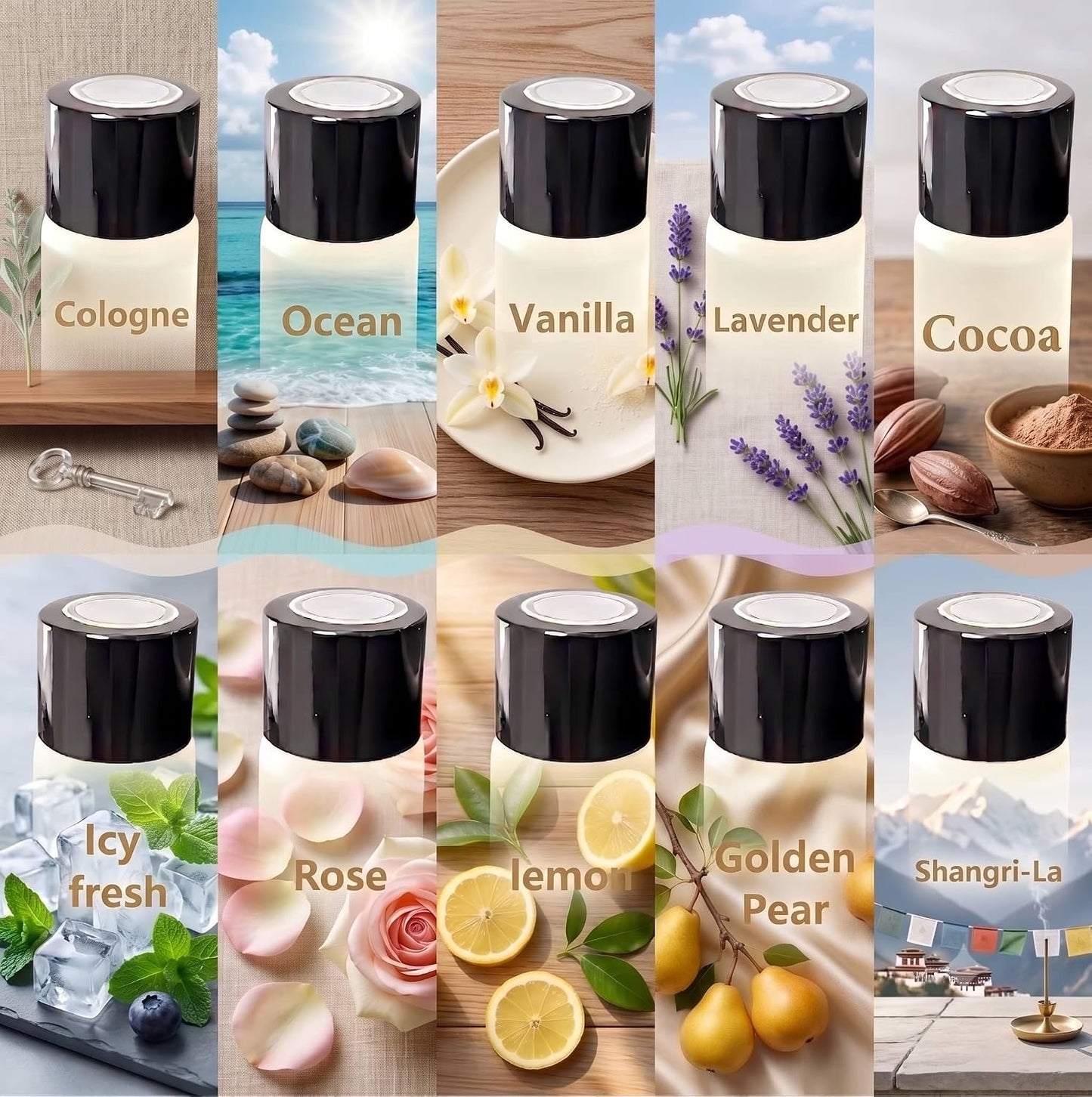 Car Air Freshener Refills–Set of 10 (10 ml each), Universal Fit for Air Vent Smart Car Fresheners(Cologne+Ocean+Vanilla+Lavender+Cocoa+Icy fresh+Rose+lemon+Golden Pear+Shangri-La)
