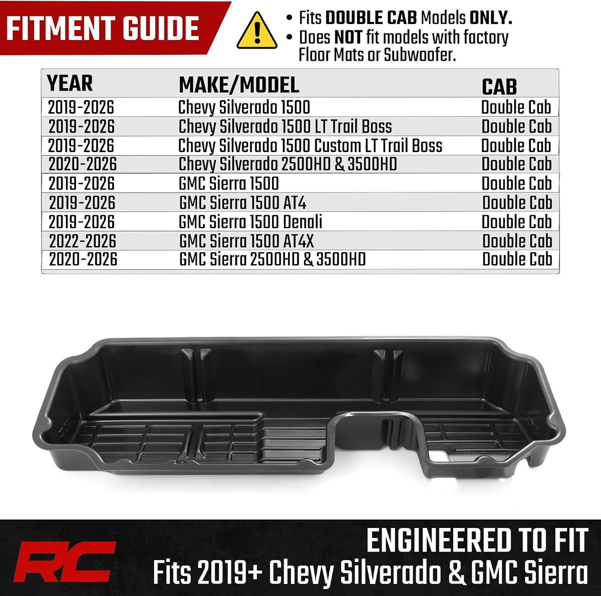 Rough Country Under Seat Storage for Chevy Silverado & GMC Sierra 1500/2500HD/3500HD Double Cab (2019-2026) - Custom Rear Under Seat Organizer Tray Without Lid
