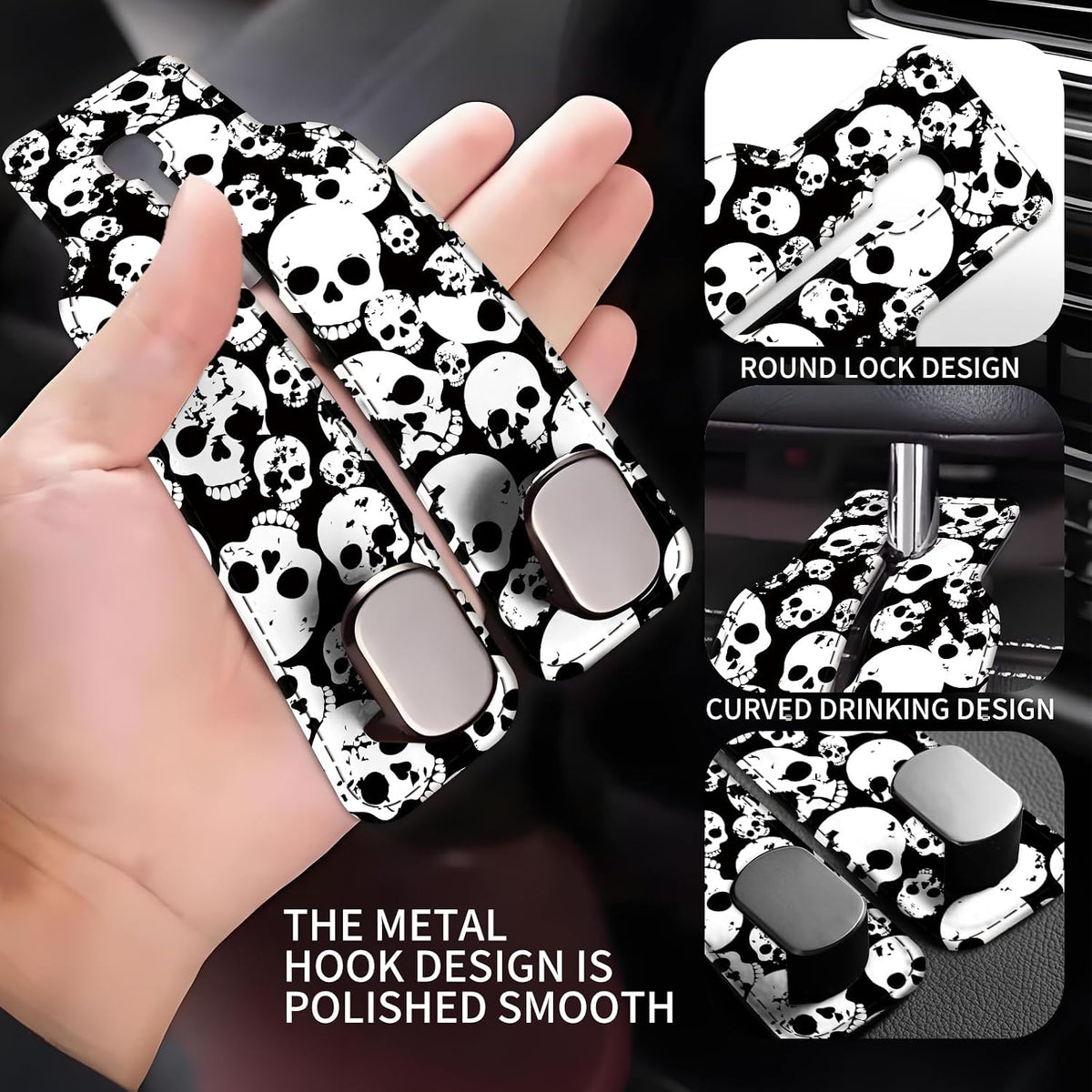 Car Seat Back Storage Headrest Hook, Premium Leather Double Metal Hook, Hanger Storage Organizer for Purse Cloth Bag, Car Interior Accessories Black White Skulls