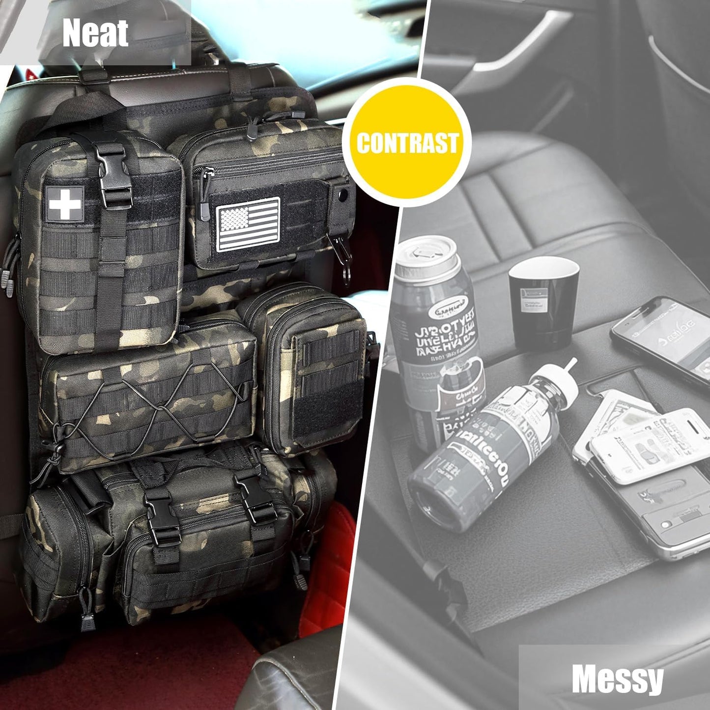 Tactical Car Seat Back Organizer, 2025 Upgrade Tactical Vehicle Panel Organizer with 5 Detachable Molle Pouch for Car Truck Ford Jeep Vehicle (Dark CM)