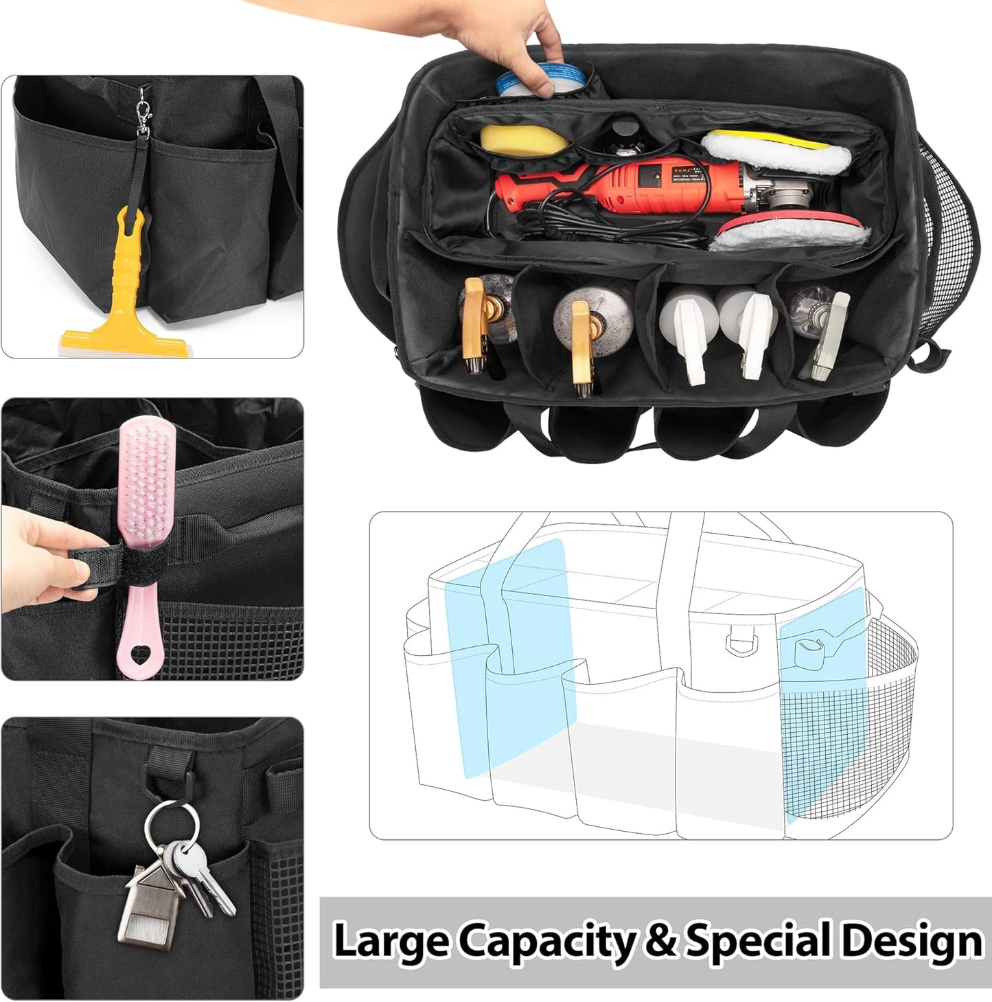 HODRANT Detailing Bag with Polisher Carry Bag, Large Detail Car Care Box for Auto Detailing Supplies, Car Wash Caddy & Trunk Organizer for Buffer Bottle Towel & Cleaning Kit, Black, Patent Design