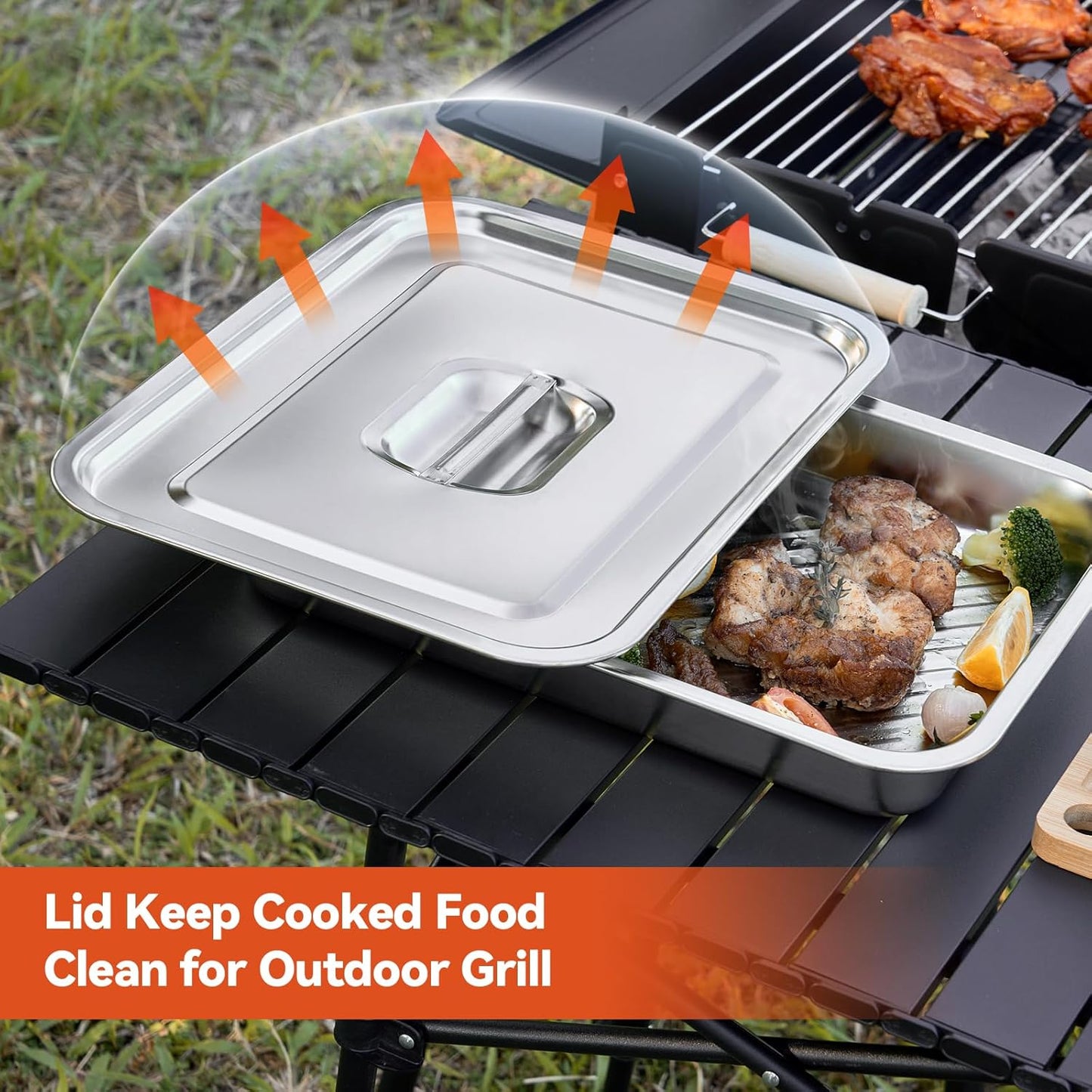 5-in-1 Grill Prep Tray and Carry System, Outdoor Grilling Prep & Serve BBQ Food Tray Accessories, Stainless Steel Meat Marinating Container with Lid & Cutting Board, Metal Cooked Meat Platter