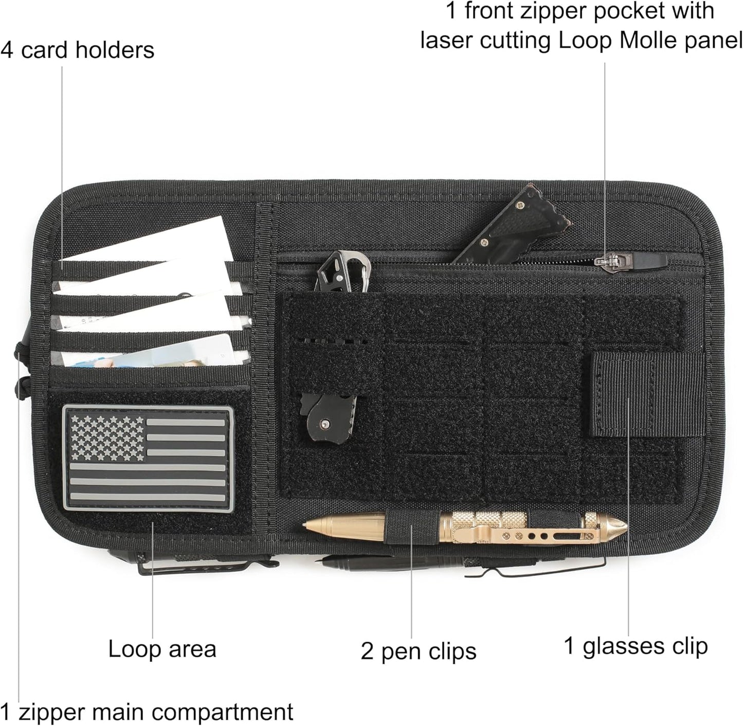 Heavy Duty Molle Car Sun Visor Organizer with Card Storage,Glasses Clip | Semi-Rigid Molle Panel for Cars SUVs Pickups Trucks Tactical Visor Organizer Storage Pouch Car Sun Storage Pocket