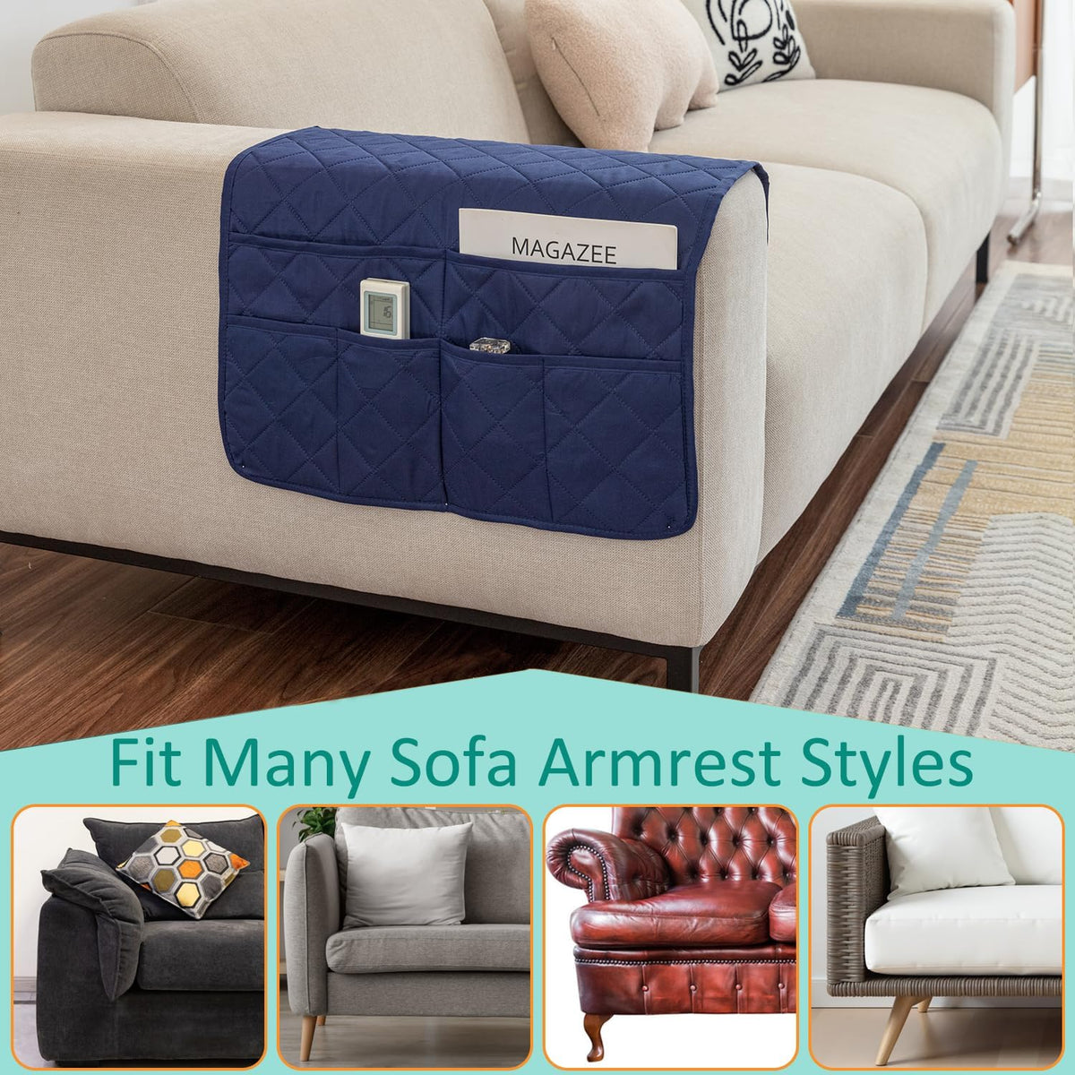 Sofa Armrest Organizer with 6 Pockets, Non-Slip Couch Recliner Armchair Caddy, Washable Remote Controls Holder, Storage for Magazine, Tablet (Navy)