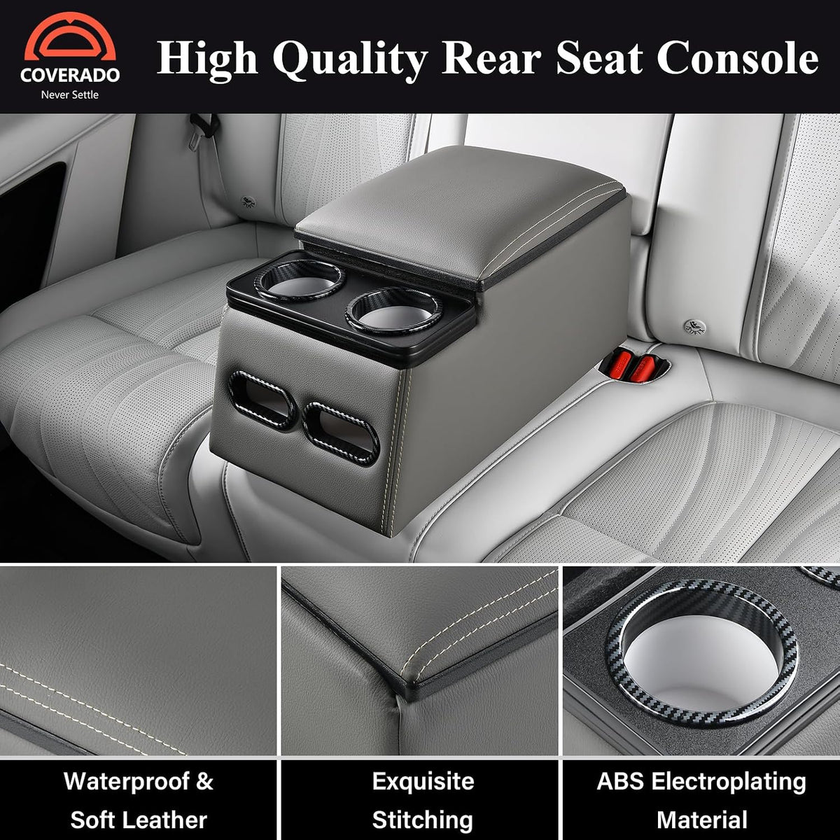 Coverado Car Center Console, Universal Bench Seat Center Consoles, Center Console for Van, Back Seat Storage Box, Rear Seat Car Console Organizer with Cup Holder, Central Armrest Box (Regular, Gray)