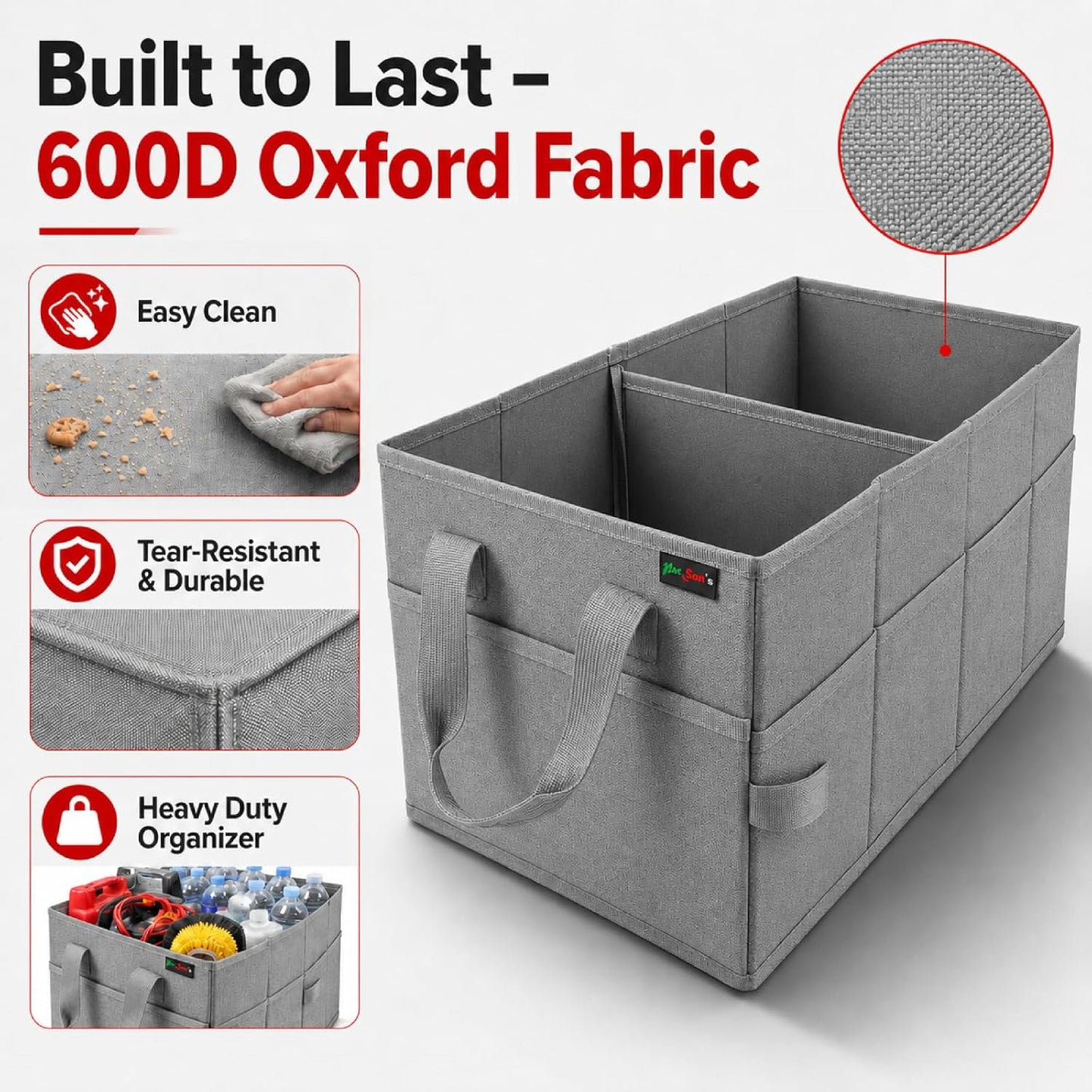 PAT SAM'S Car Trunk Organizer for SUV, Foldable Collapsible Storage Organizer with Dividers, Non-Slip Waterproof 600D Oxford, Backseat & Trunk Storage for Groceries, Tools, Toys (Gray)