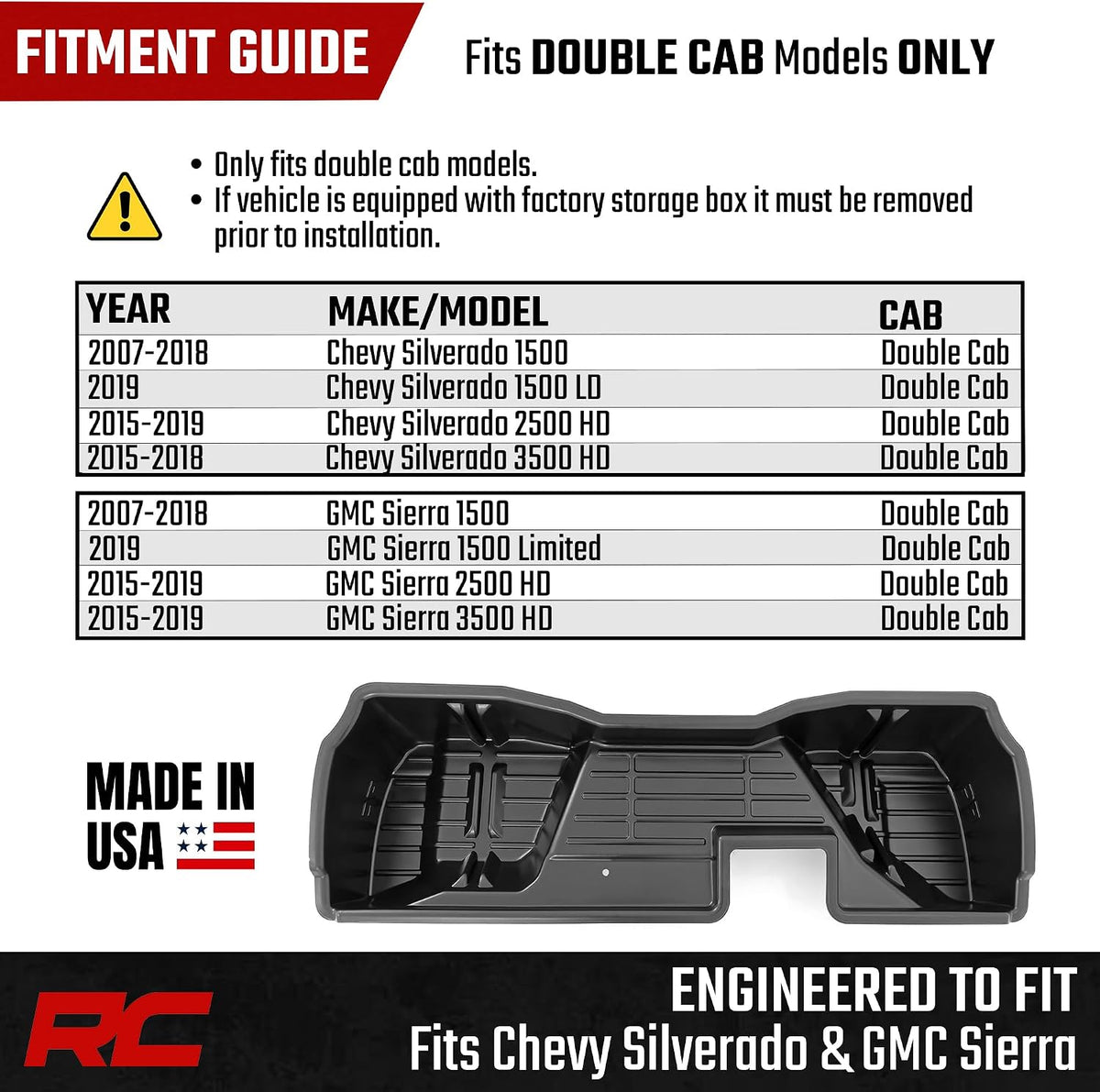 Rough Country Under Seat Storage Box for Chevy Silverado & GMC Sierra 1500/2500HD/3500HD Double Cab (2007–2019) - Custom-Fit Underseat Organizer Tray