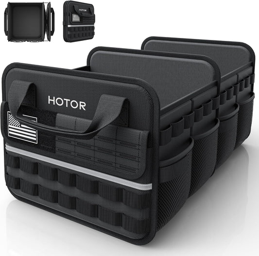 HOTOR Tactical Car Trunk Organizer - Foldable Trunk Organizer for SUV with Front MOLLE Pocket & Reflective Strips, Essential Car Accessories for Tools & Outdoor Storage, 15.0" x 23.6" x 11.0", Black