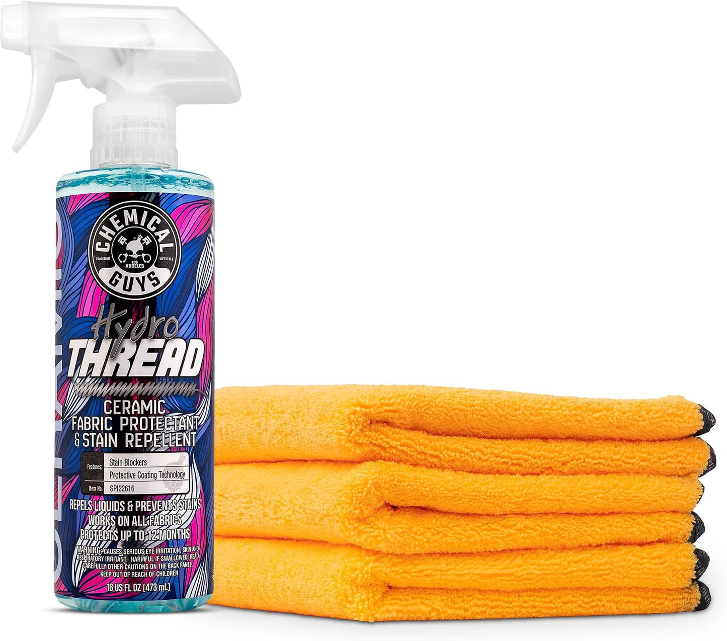Chemical Guys SPI22616 HydroThread Ceramic Fabric Protectant & Stain Repellent (Works on Fabric, Carpet & Upholstery) 16 oz. + MIC_506_03 Premium Microfiber Towels, Gold (16" x16") 3 Pack