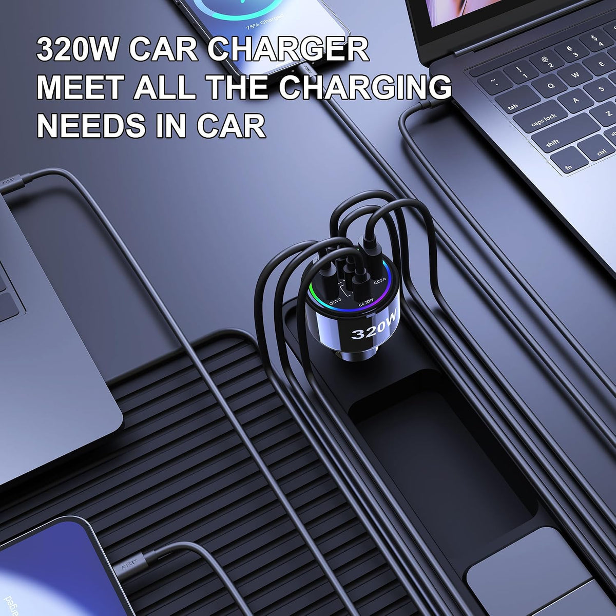 320W USB C Car Charger, 6 Ports Type C Car Charger