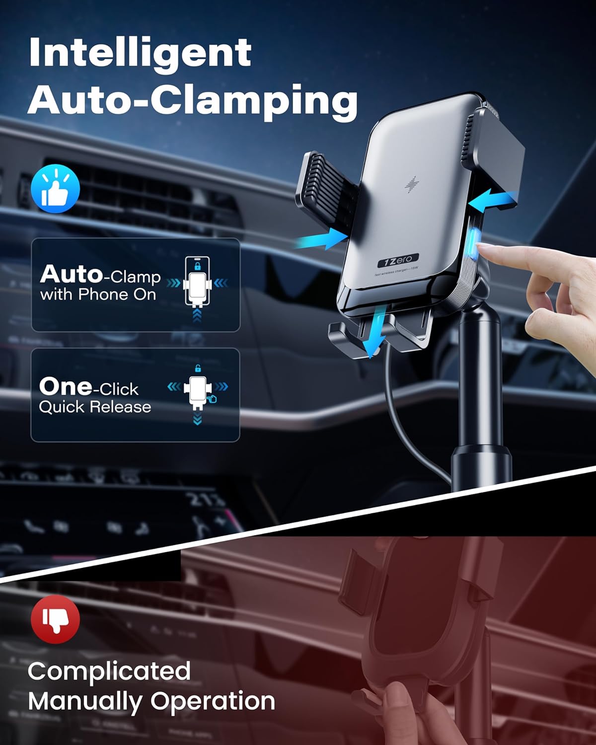 1Zero Auto-Clamping 15W Wireless Car Charger Cup Holder Mount