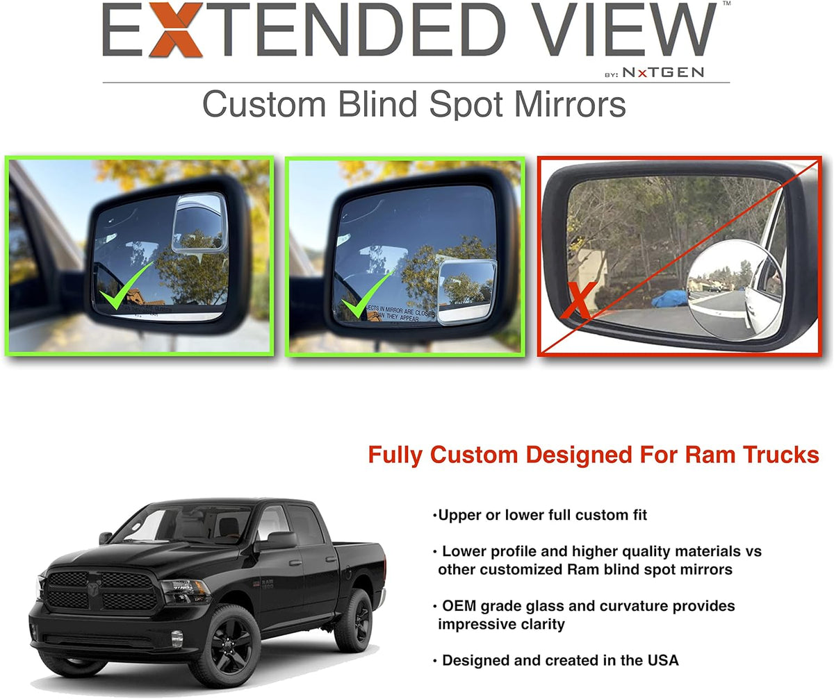 NXTGEN Custom Blind Spot Mirrors - Extended View (2 Pack) Compatible With 4th Gen Ram 1500 - 2 Piece Set (Left & Right)