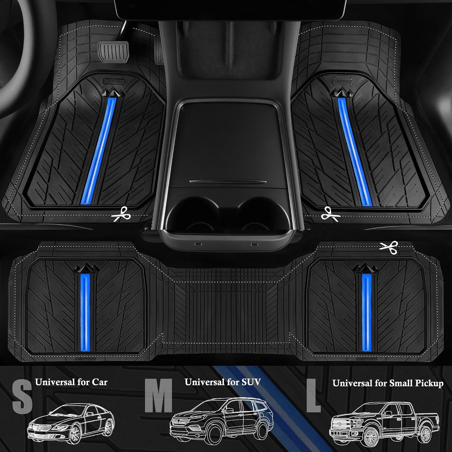 CAR PASS Rubber Floor Mats for Cars, Car Mats Full Sets DeepDish,Universal S~L Size Trim-to Fit Automotive Floor Mat for Truck Van SUV, Heavy Duty Waterproof All-Weather Floor liner Durable Black Blue