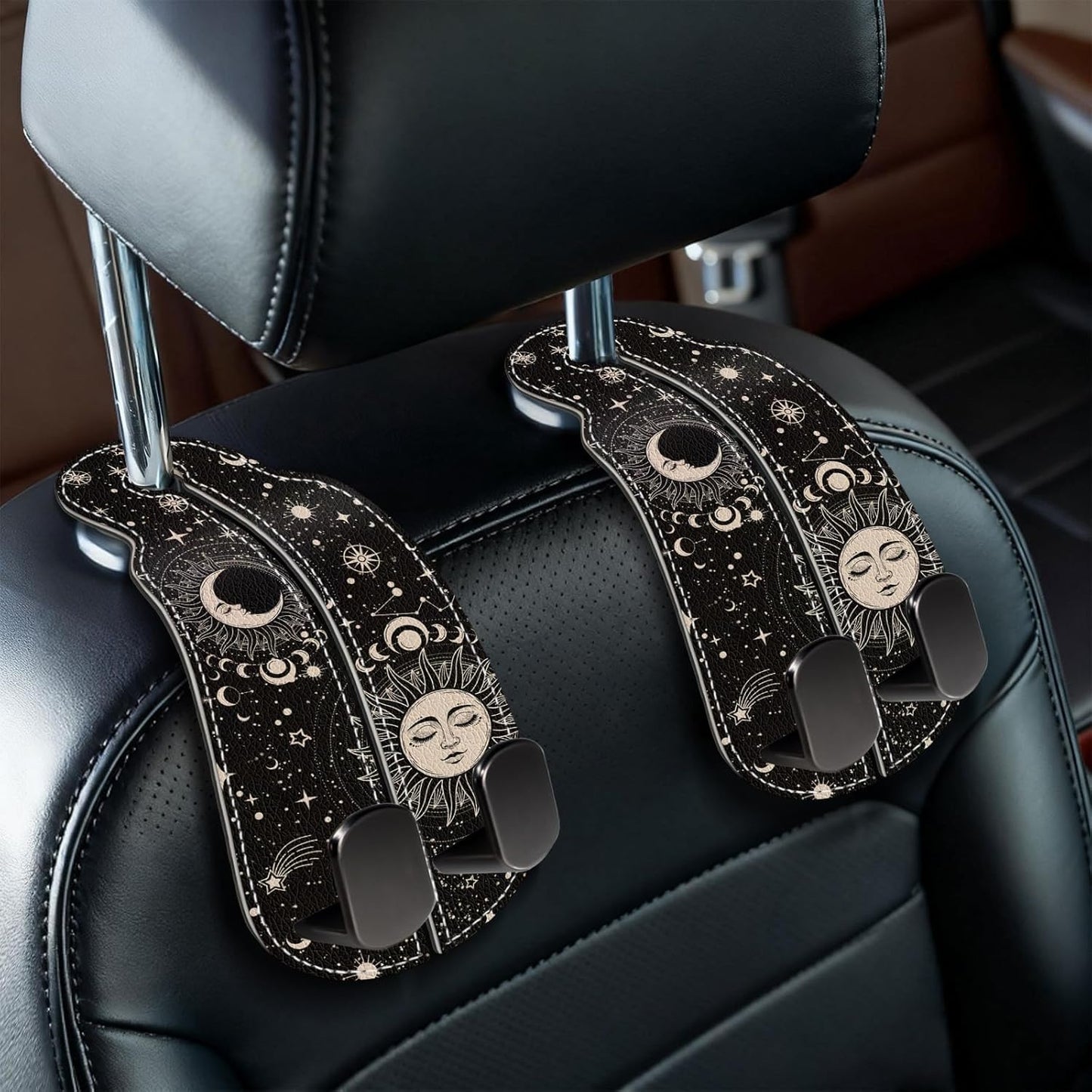 Blusabaca 2PCS Car Seat Back Storage Headrest Hooks, Sun and Moon Purse Holder Bags Hanger, PU Leather Double Metal Hook for Backseat Organizer, Women Car Accessories Organization