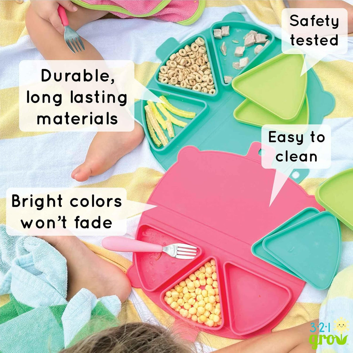 Silicone On-The-Go Snack Mat – Foldable Reusable Placemat with 3 Compartments and Lids – Travel-Friendly Baby and Toddler Snack Plate – Dishwasher Safe (Pebble)