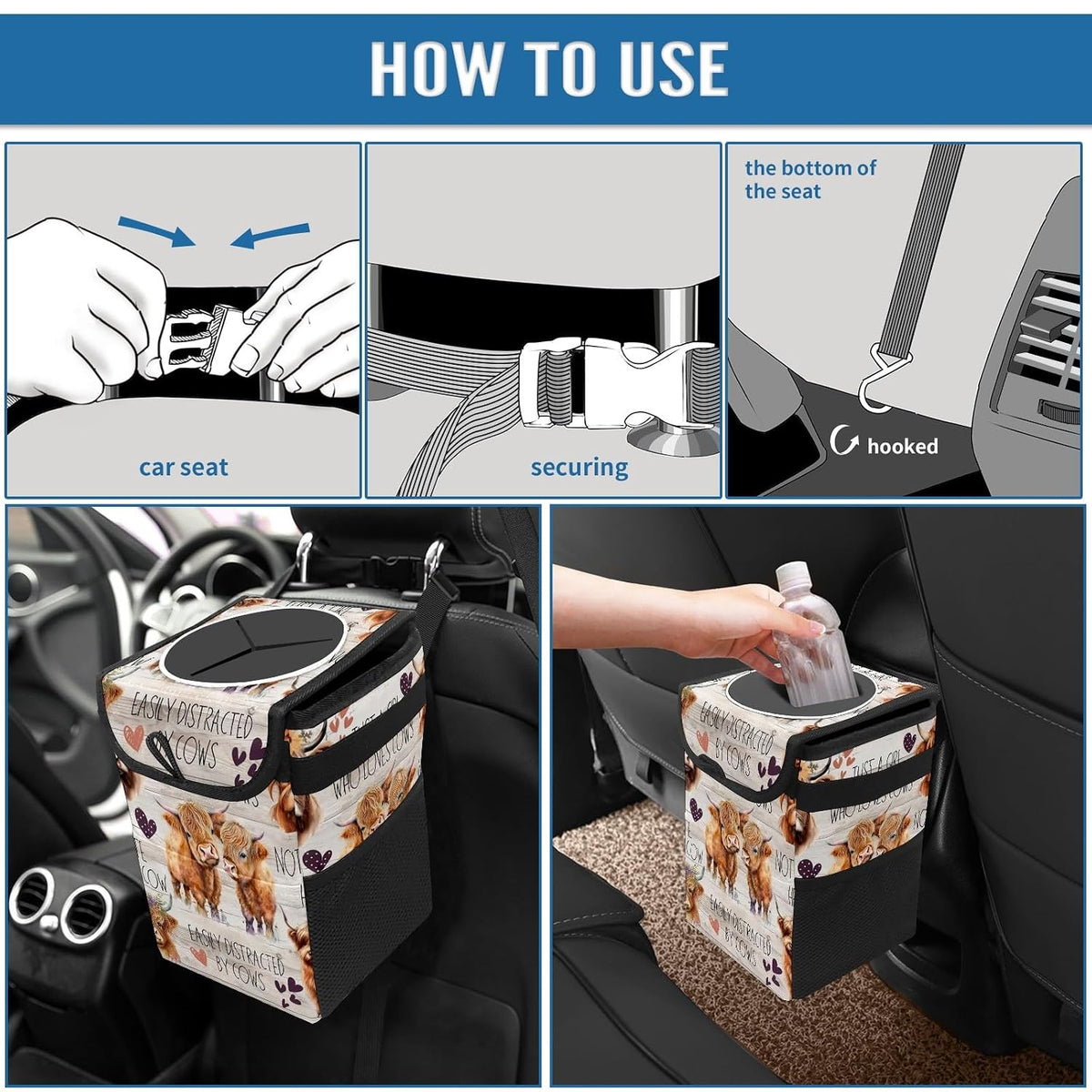 Cute Highland Cow Car Trash Can with Lid Collapsible Reusable Waterproof Car Garage Bag,Automotive Garbage Can,Car Accessories Interior Car Organizer