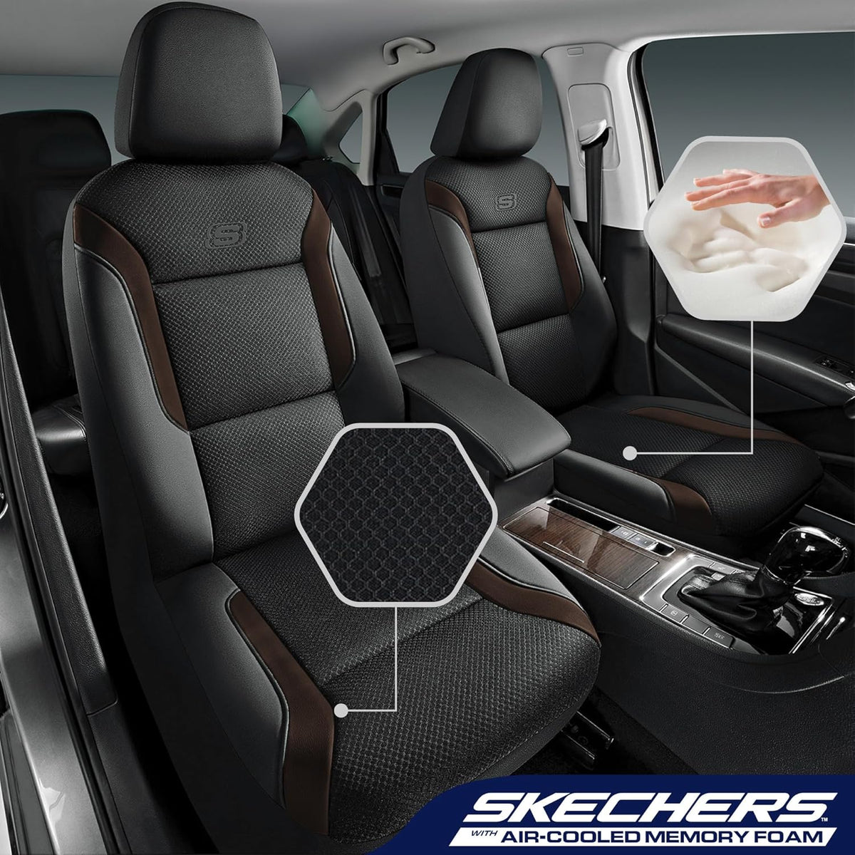 Skechers Memory Foam Car Seat Covers, Air Cool Mesh Thick Seat Covers,Car Seat Covers Front Seats Airbag Compatible, Automotive Comfort Protection for Most Cars,Van,Trucks, SUVs,Brown