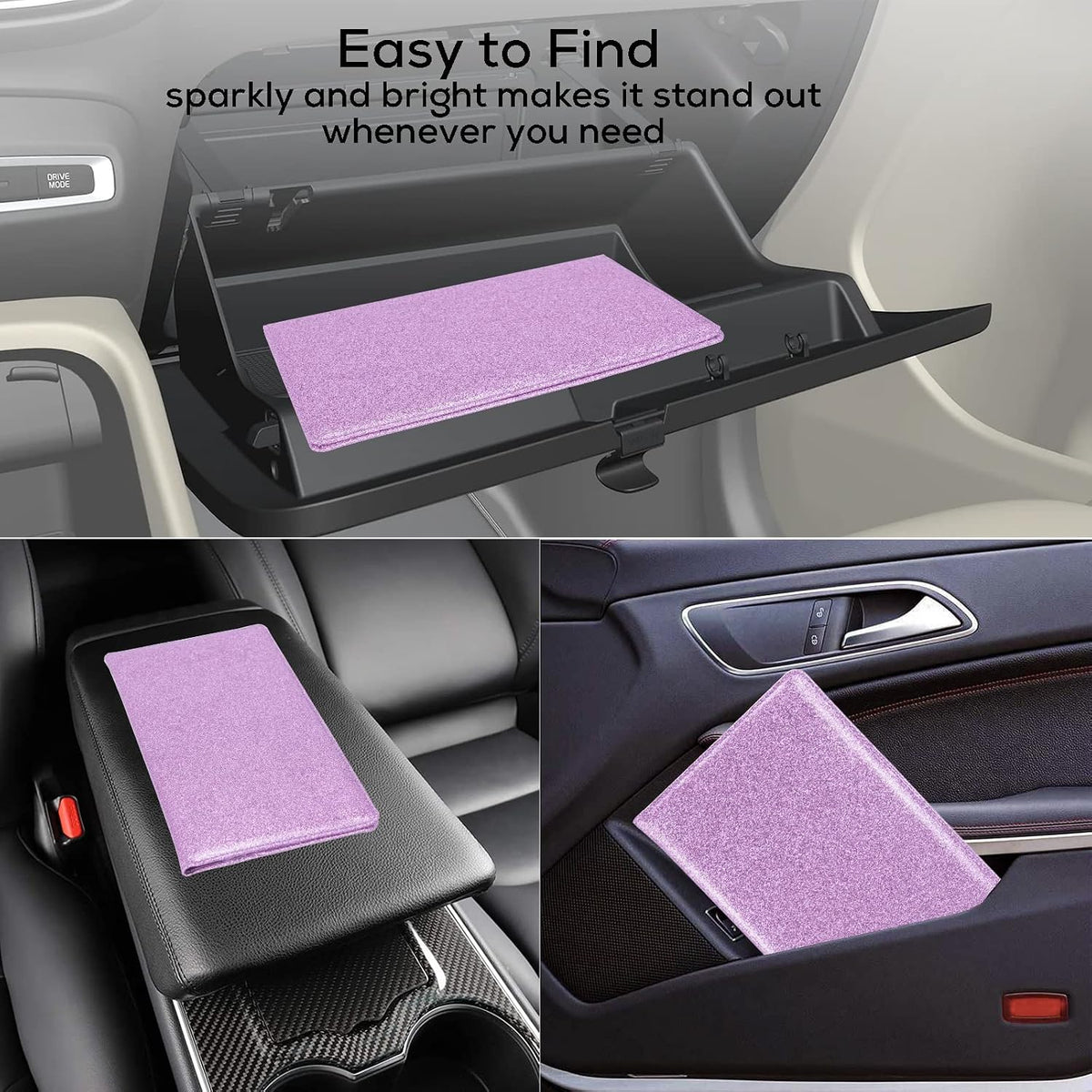Leather Car Registration and Insurance Holder Magnetic Shut, Glitter Purple