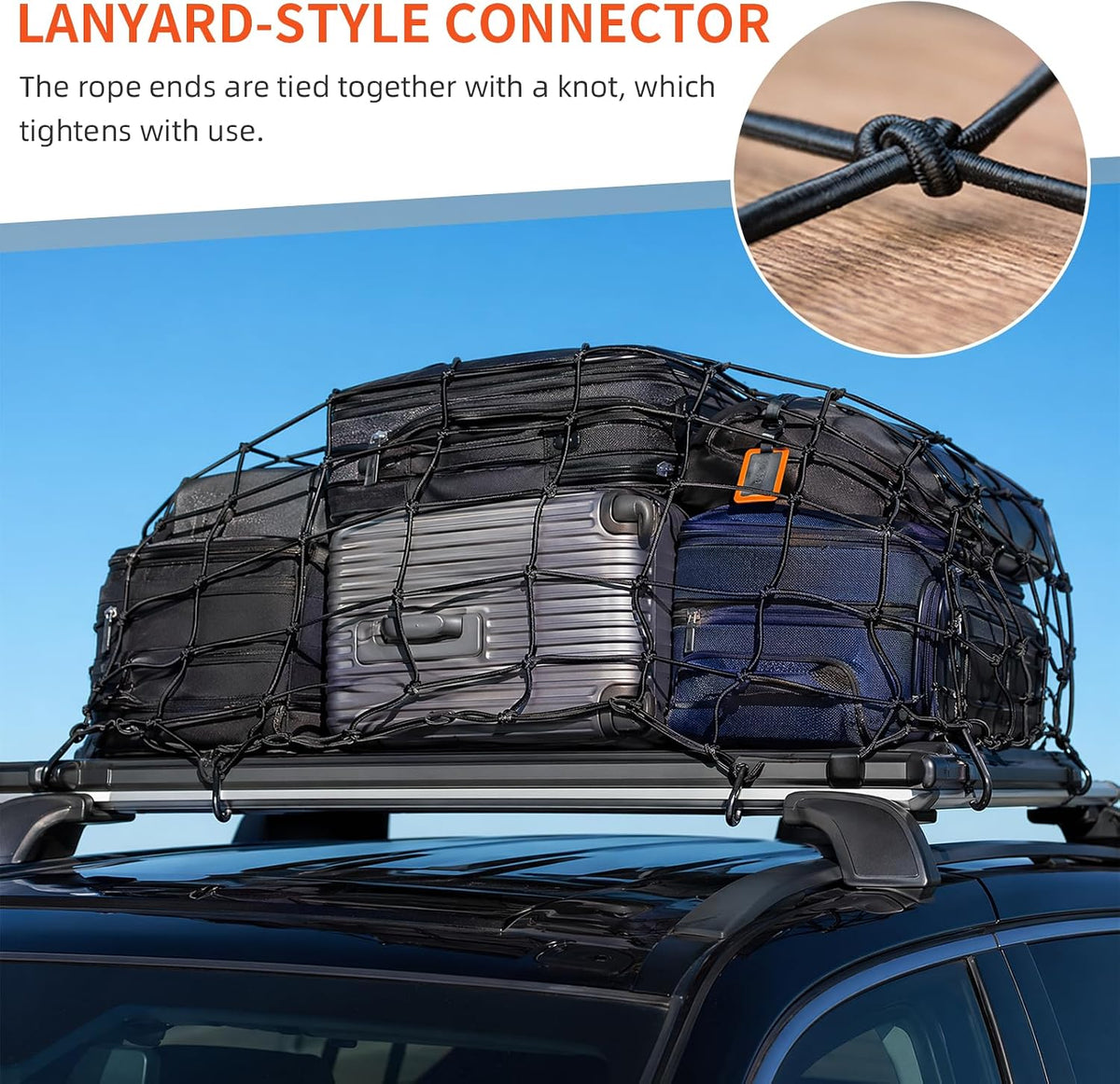 Cargo Net for Roof Rack, 46"×32" Stretches to 95"×75" Cargo Storage Net with 12 Plastic Hooks, Heavy-Duty Bungee Netting Mesh Organizer for Car Boat SUV Van Trailer