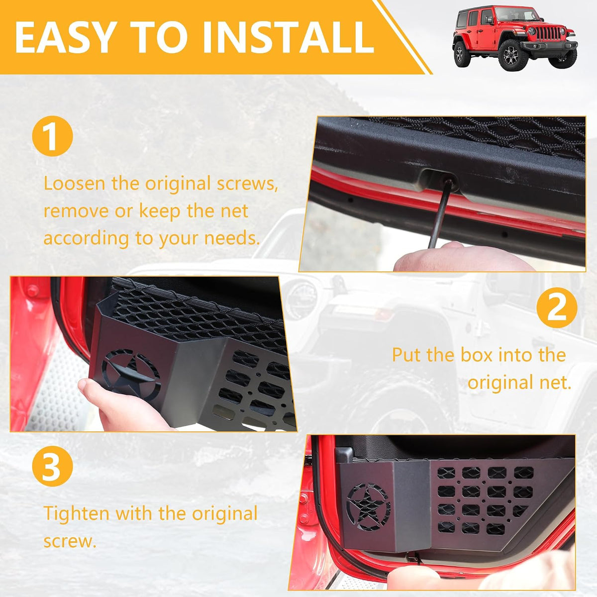 Rear Door Storage Pockets Side Insert Organizer Box Compatible with 2018-2024 2025 Jeep Wrangler JL 4 Door 4XE Gladiator JT Interior Accessories Cup Holder Expansion Tray 1Pair Metal Black Star